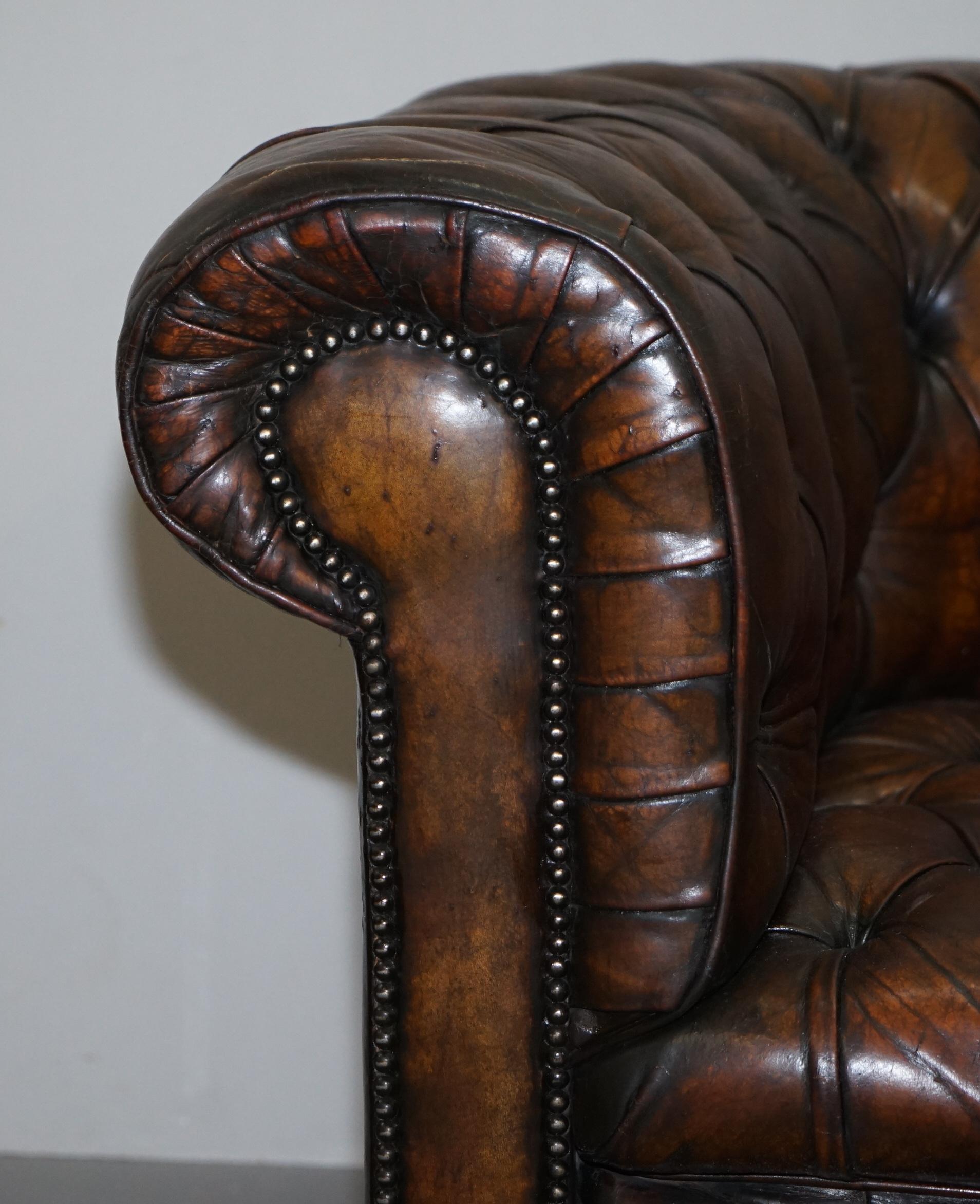 Restored Pair of circa 1900 Hand Dyed Cigar Brown Leather Chesterfield Armchairs 3