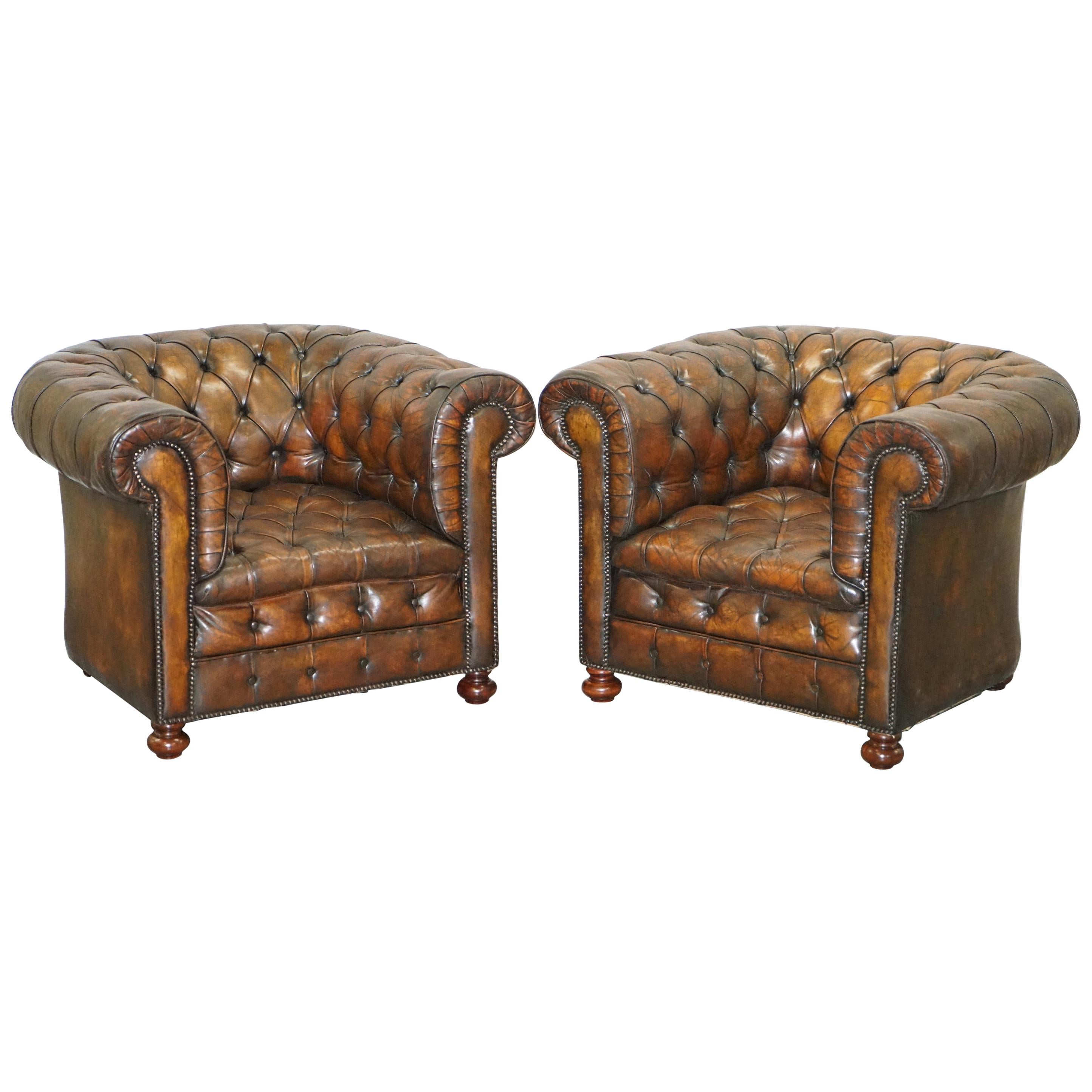 Restored Pair of circa 1900 Hand Dyed Cigar Brown Leather Chesterfield Armchairs