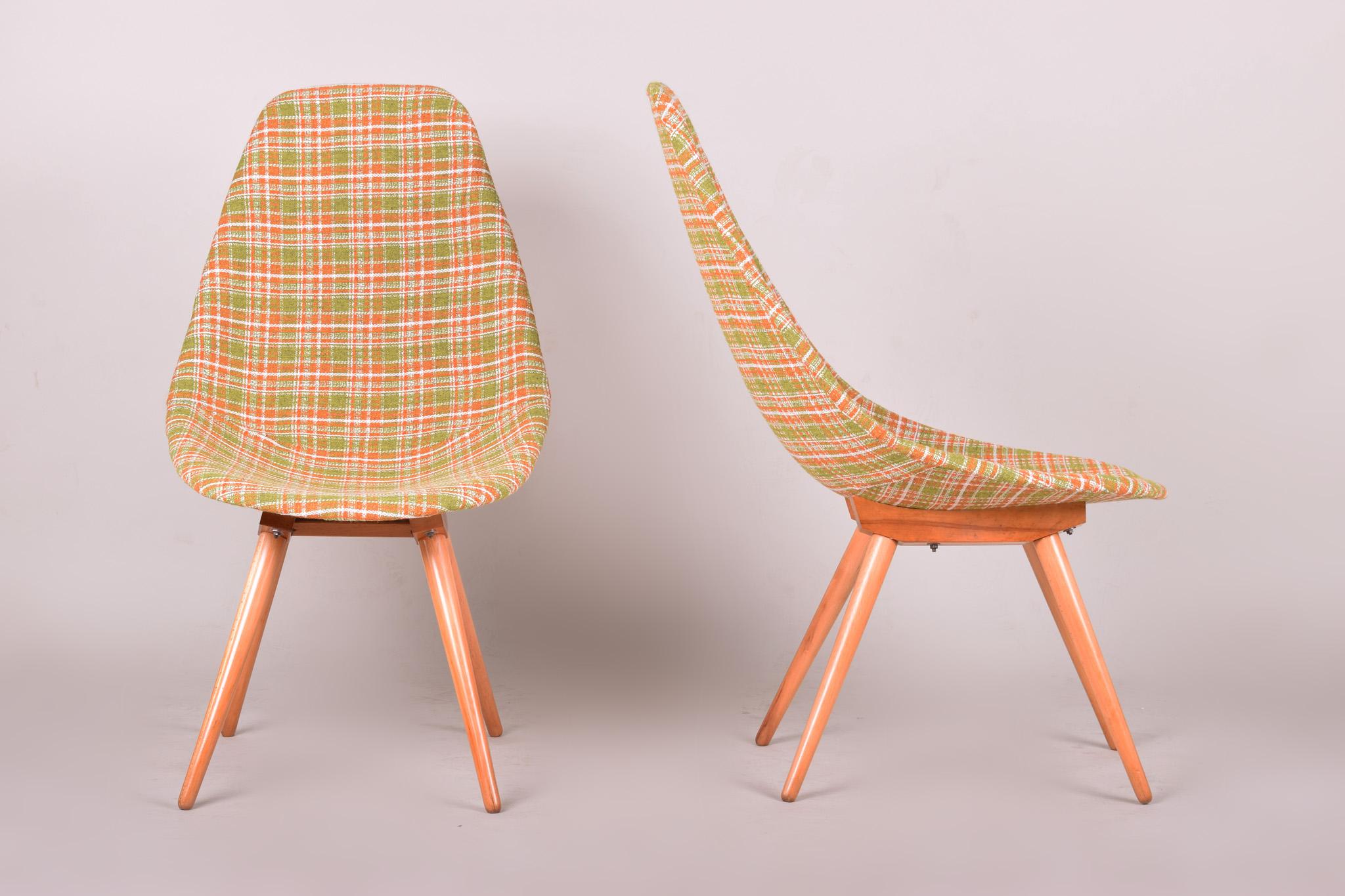 Mid-Century Modern Restored Pair of Czech Midcentury Chairs, 1950-1960, Made Out of Beech & Fabric For Sale