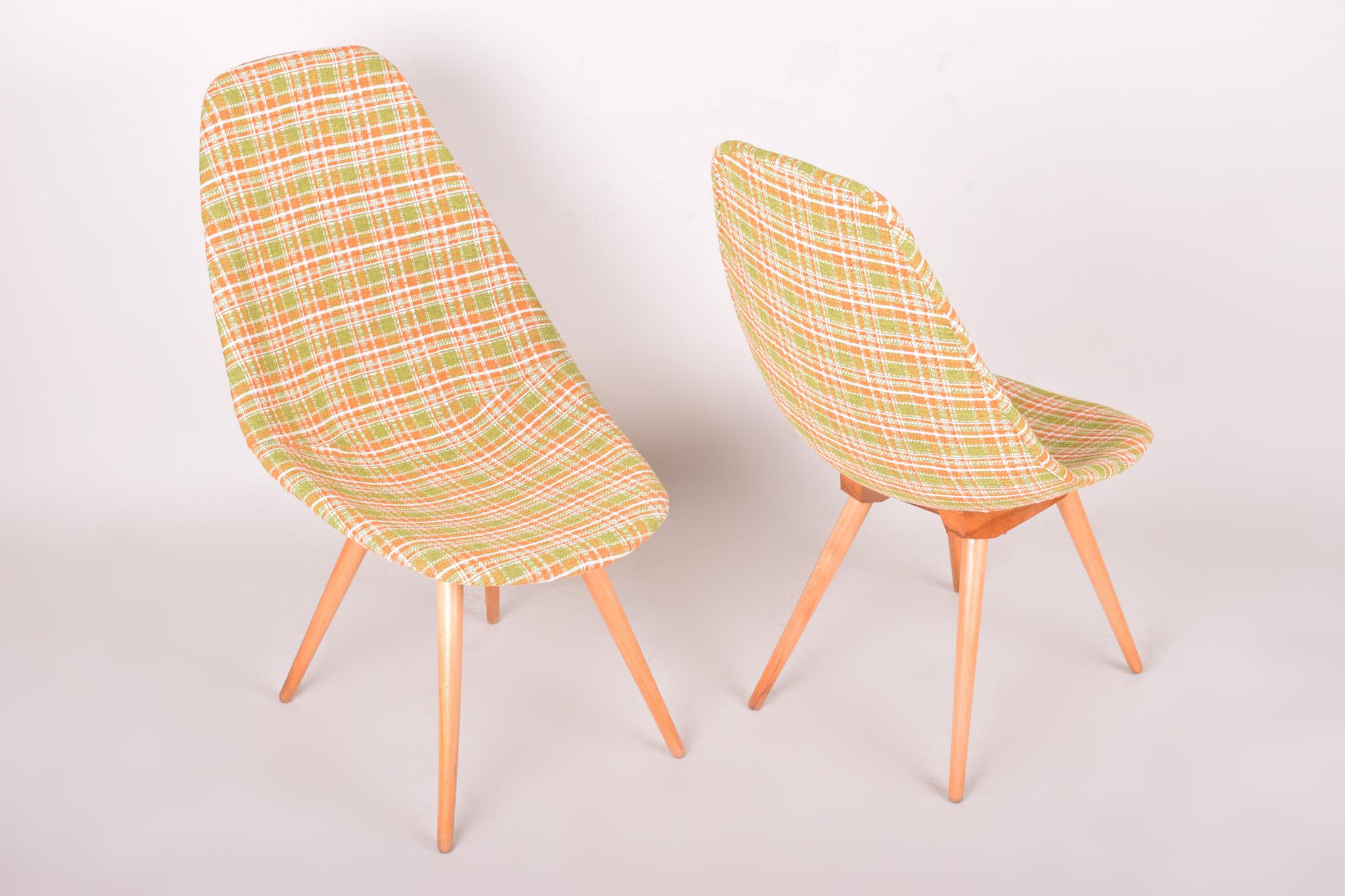 20th Century Restored Pair of Czech Midcentury Chairs, 1950-1960, Made Out of Beech & Fabric For Sale