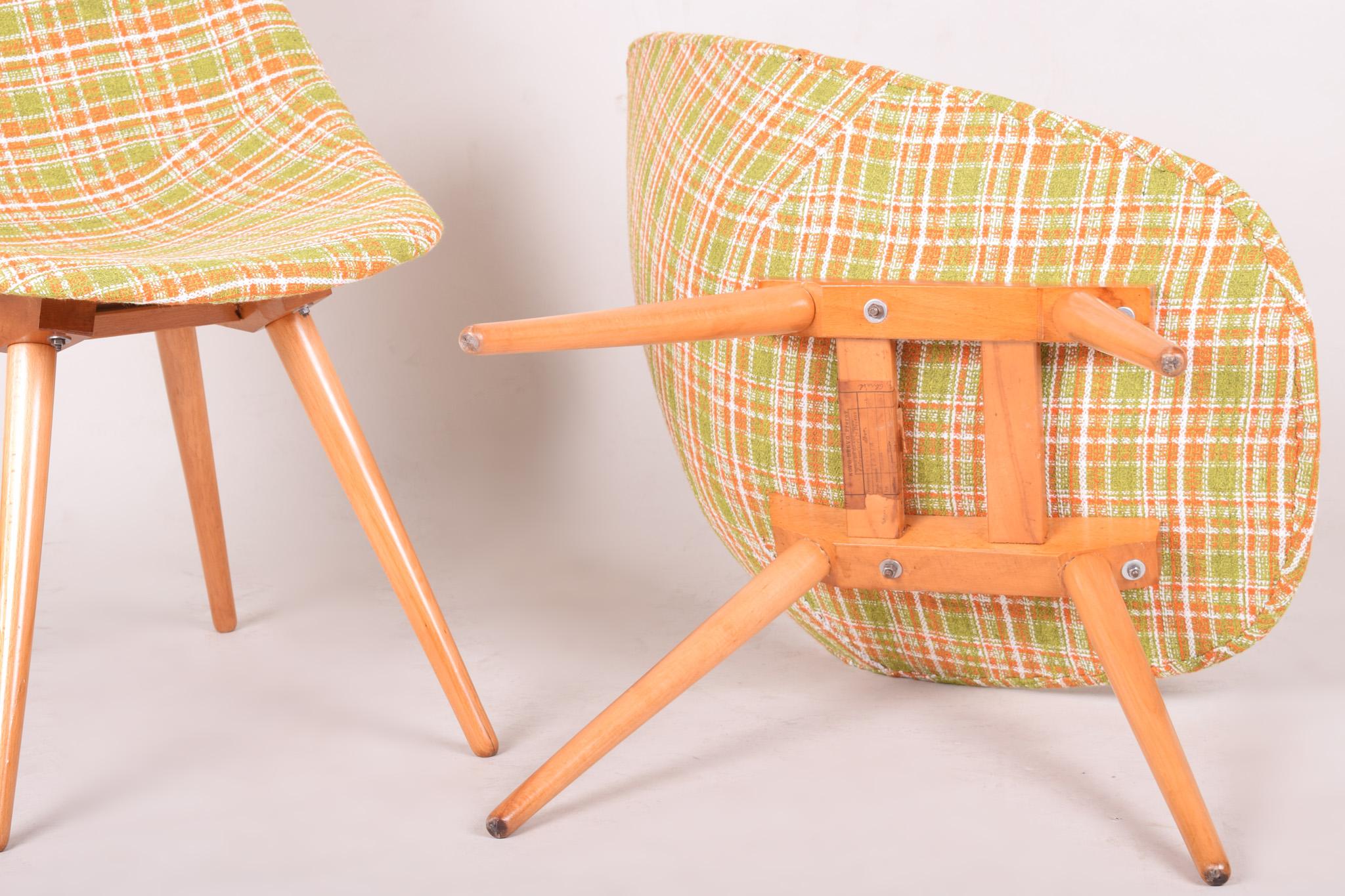 Restored Pair of Czech Midcentury Chairs, 1950-1960, Made Out of Beech & Fabric For Sale 2