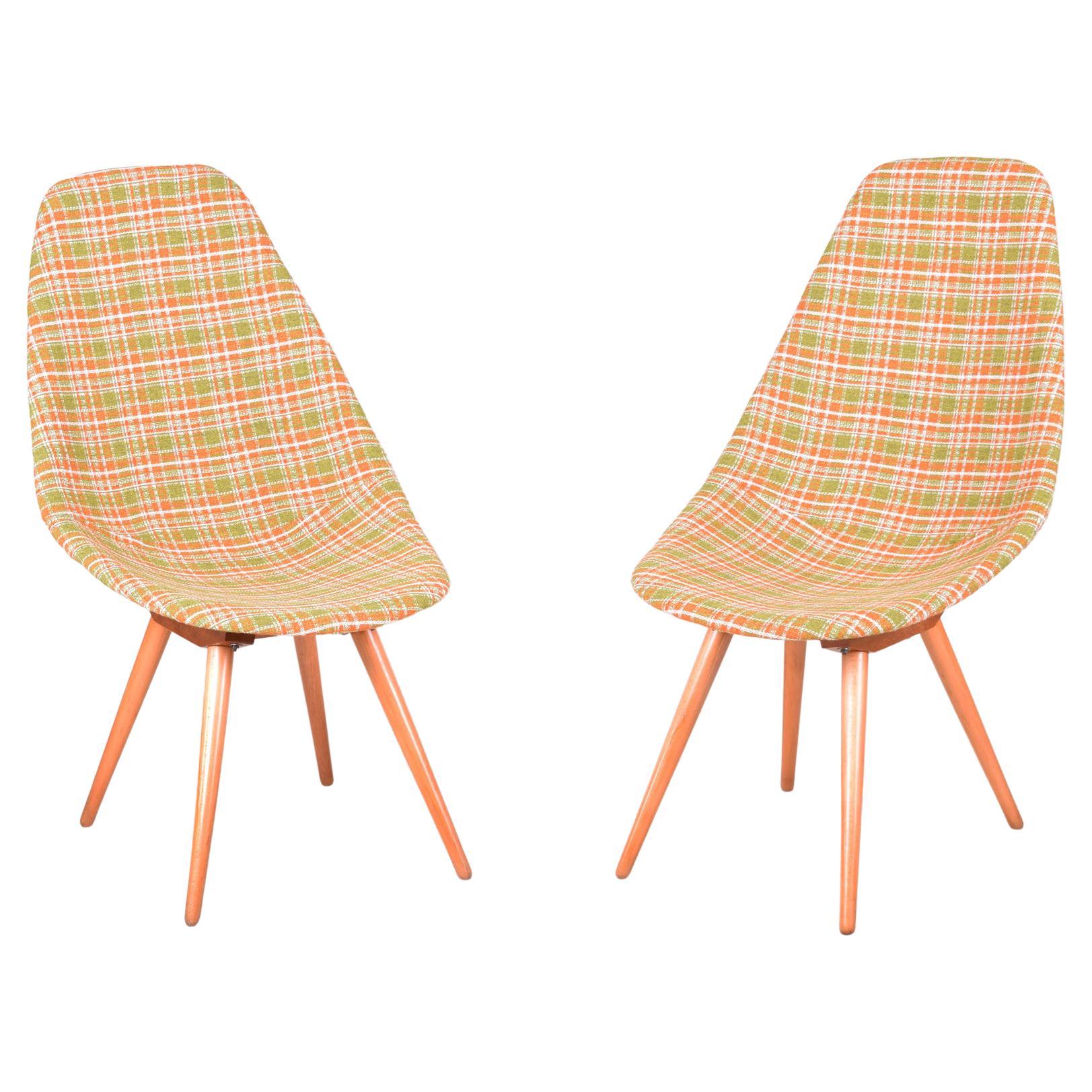 Restored Pair of Czech Midcentury Chairs, 1950-1960, Made Out of Beech & Fabric For Sale