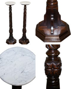 RESTORED PAiR OF EARLY VICTORIAN ENGLISH PEDESTALS WITH WHITE MARBLE TOPS 145 CM