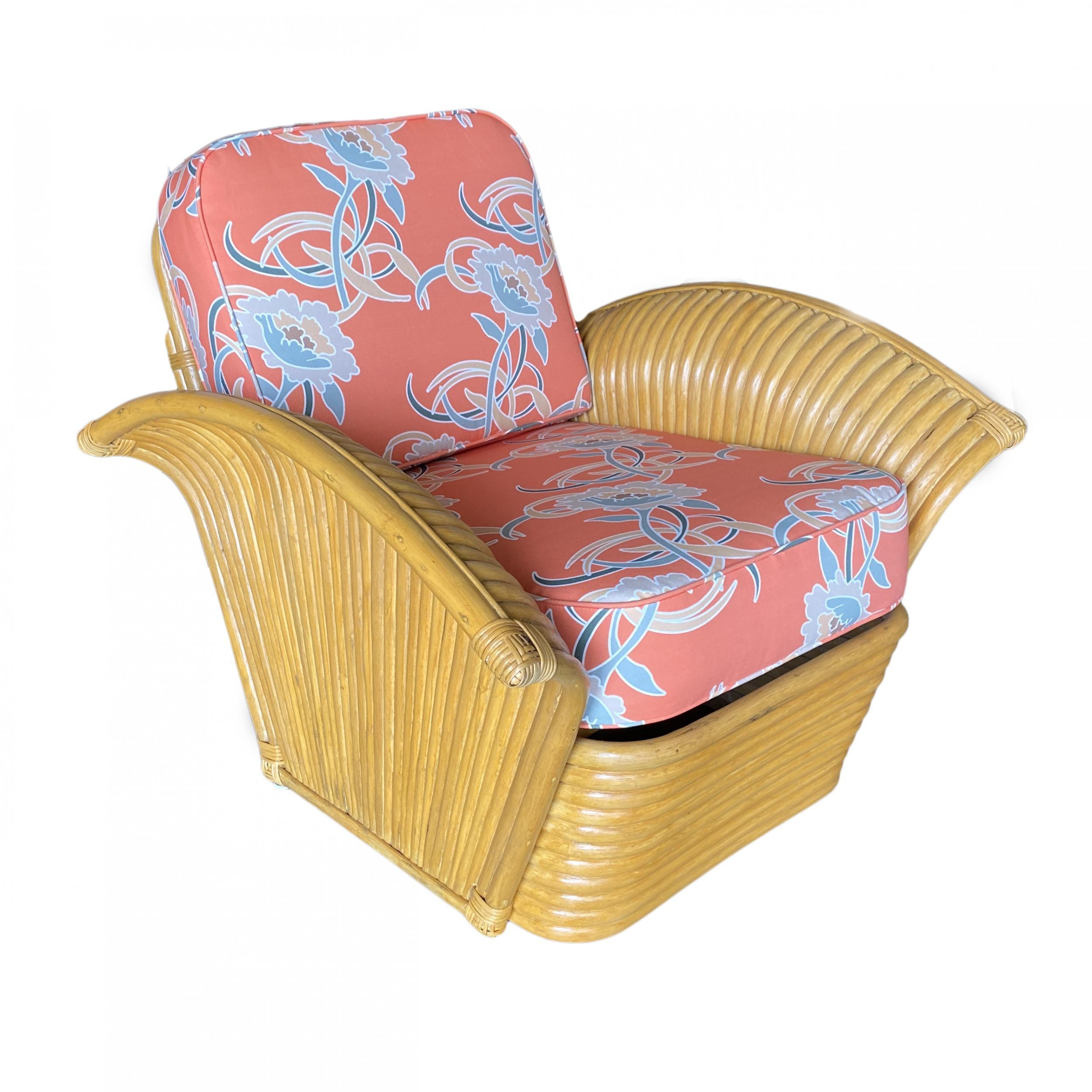 Restaurierte, von Paul T. Frankl inspirierte Rattan-Loungesessel aus den 1930er Jahren von Tropical Sun Rattan mit dem gleichen Stoff wie in der Originalserie 