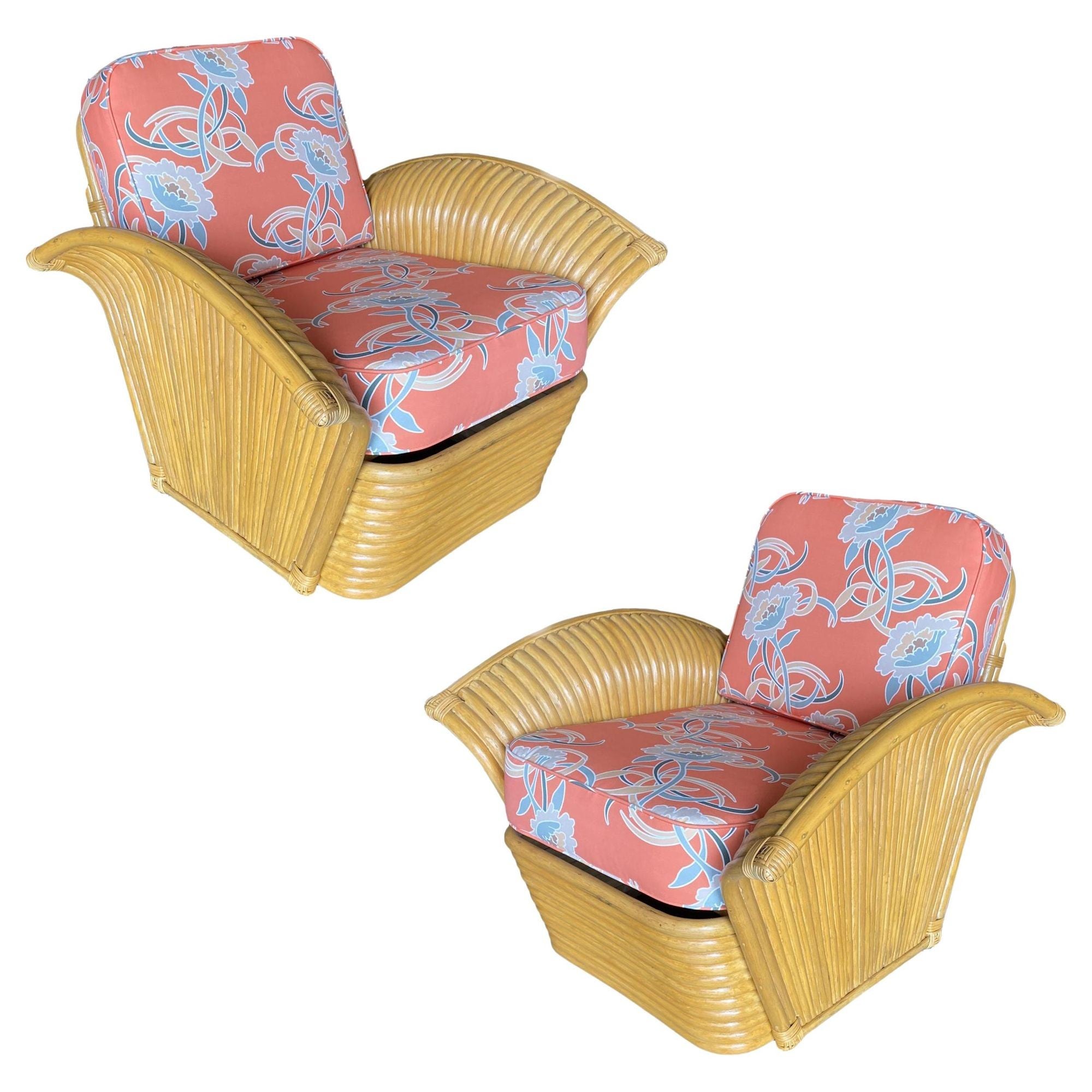 Restored Pair of "Golden Girls" Art Deco Rattan Fan Arm Lounge Chair Pair