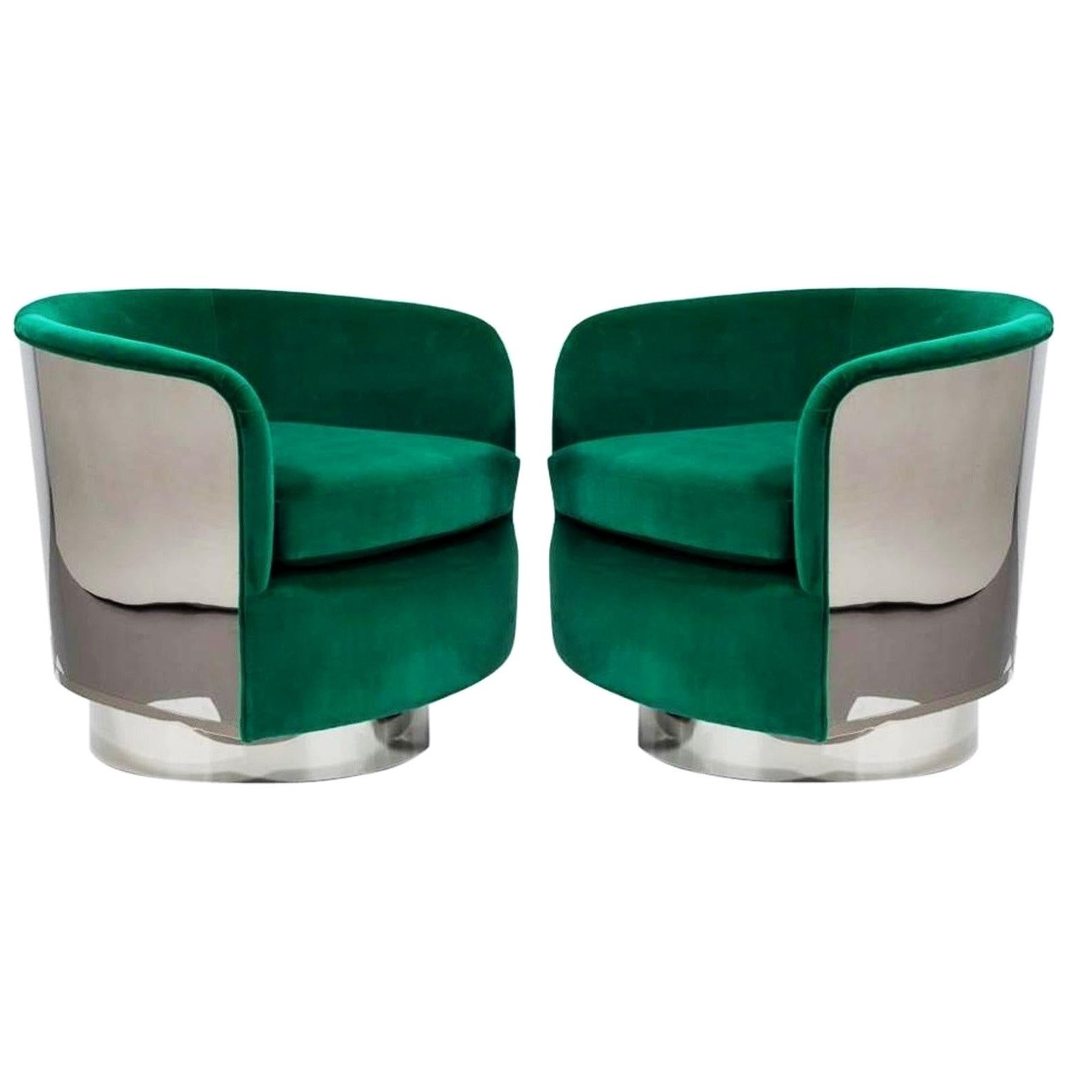 Restored Pair of Green Milo Baughman Chrome Back Barrel Chairs