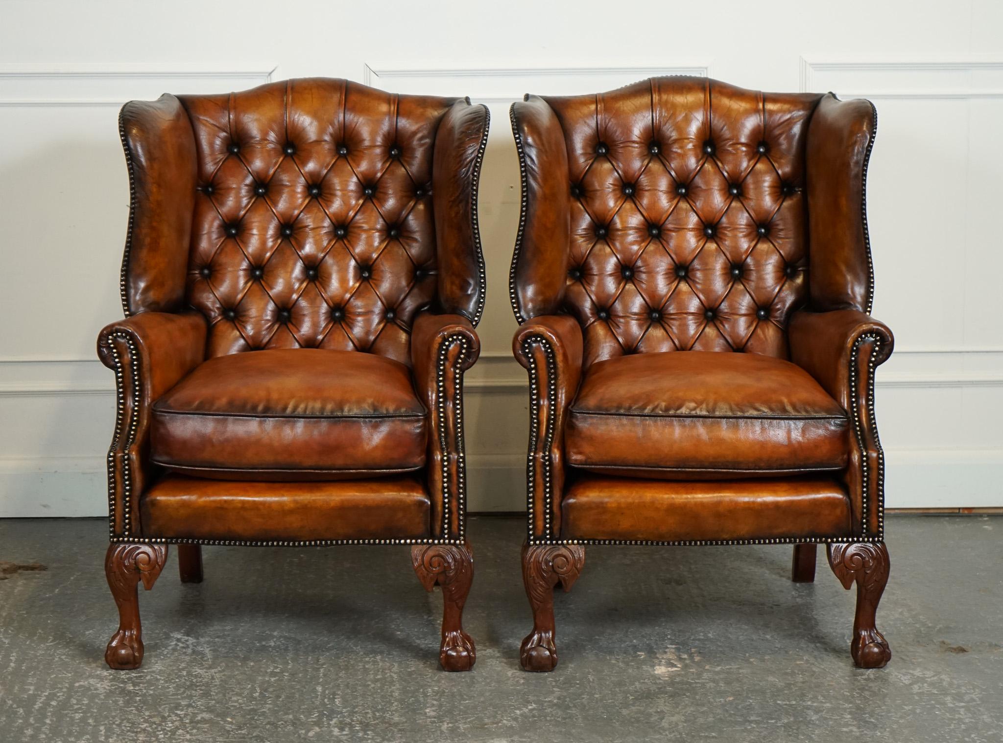 Antiques of London



We are delighted to offer for sale these Beautiful Restored Pair Of Hand Dyed Leather Wingback Chairs. 

These restored 1920s Chesterfield wingback armchairs are a sight to behold. The hand-dyed brown leather exudes a rich and