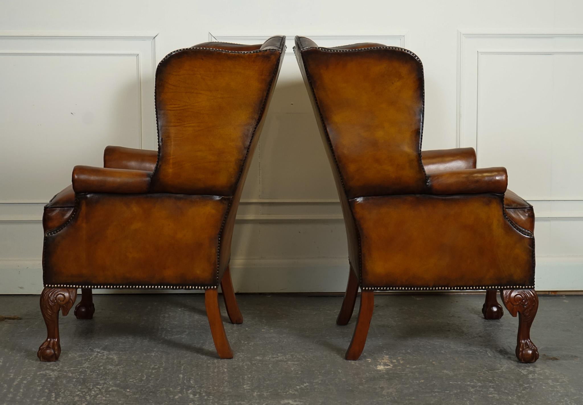 Hand-Crafted RESTORED PAIR OF HAND DYED BROWN LEATHER CHESTERFiELD WINGBACK ARMCHAiRS For Sale