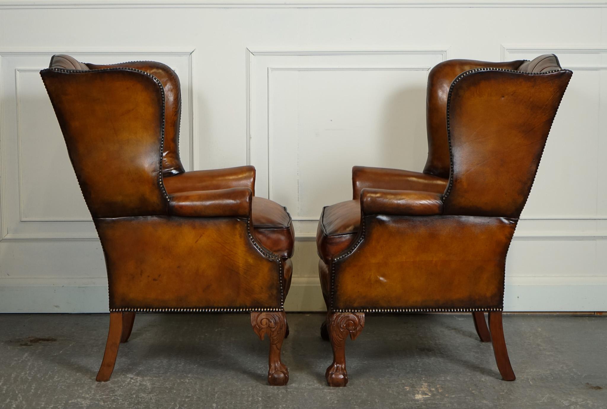 Leather RESTORED PAIR OF HAND DYED BROWN LEATHER CHESTERFiELD WINGBACK ARMCHAiRS For Sale