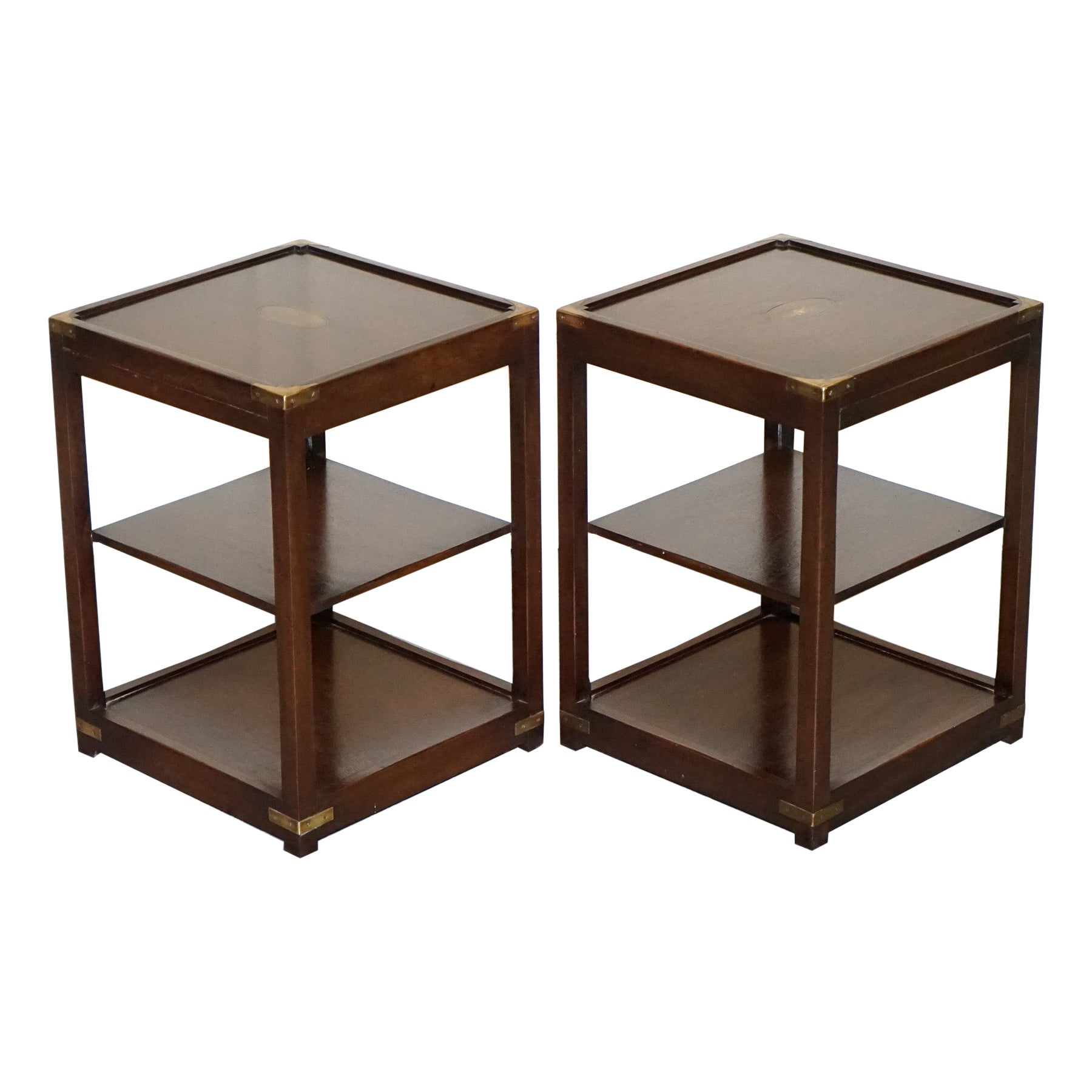 RESTORED PAiR OF HARRODS KENNEDY DOUBLE SIDED CAMPAIGN SIDE TABLES BUTLER TRAYS