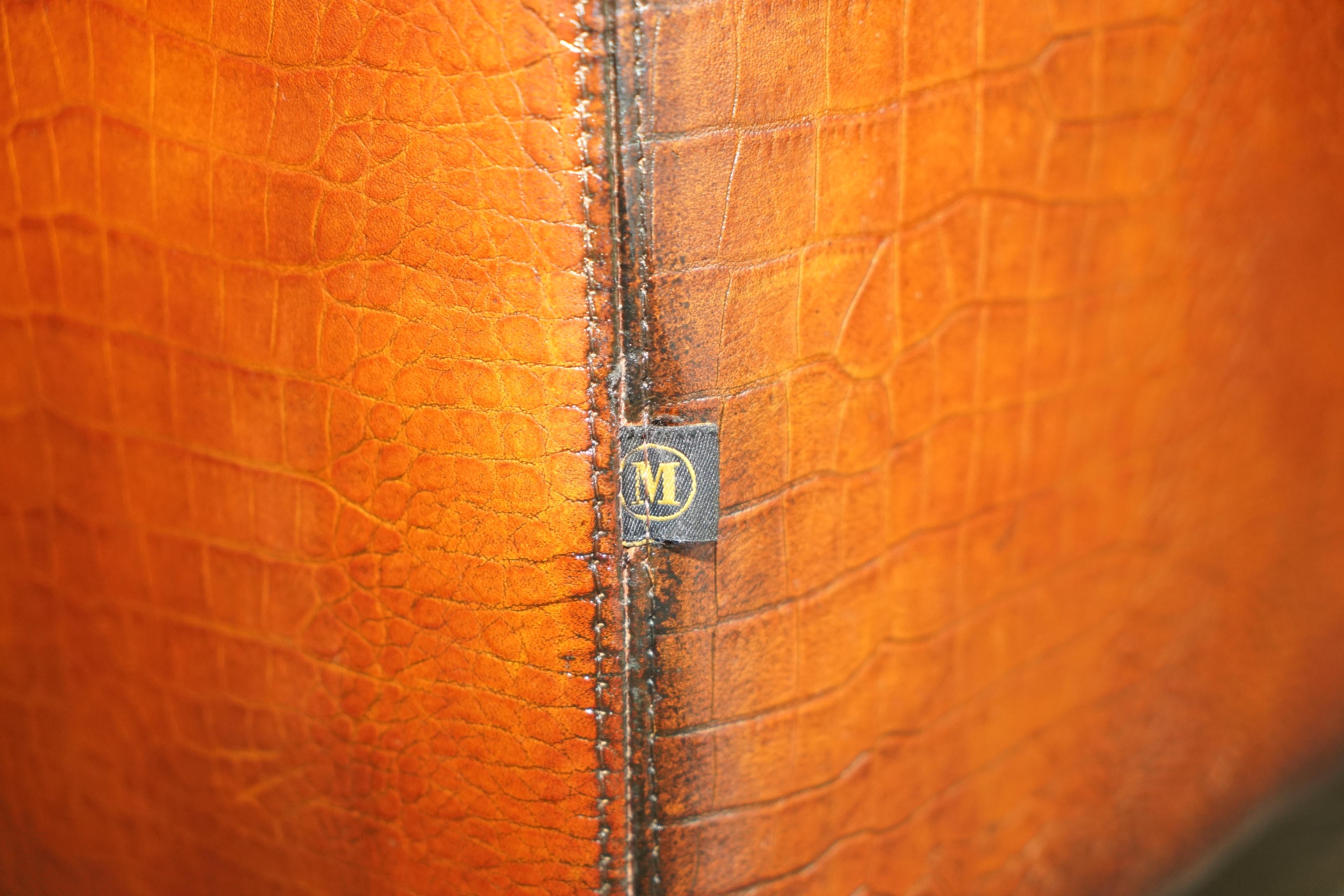COPPIA RESTAURATA DI POLTRONE DA CLUB IN PELLE MOROSO CROCODILLO ALLIGATORE PATINA MARRONE in vendita 4