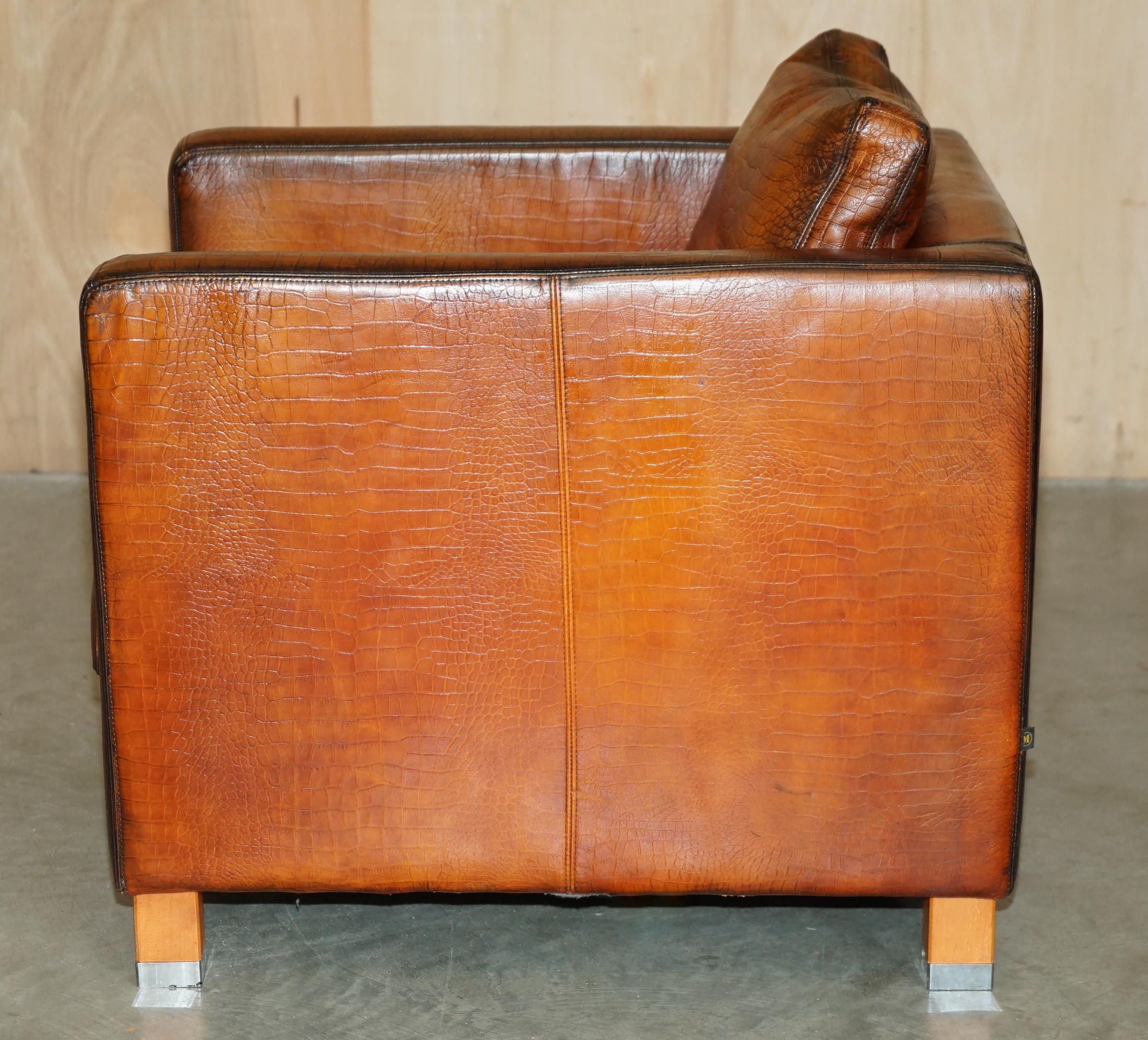 COPPIA RESTAURATA DI POLTRONE DA CLUB IN PELLE MOROSO CROCODILLO ALLIGATORE PATINA MARRONE in vendita 5
