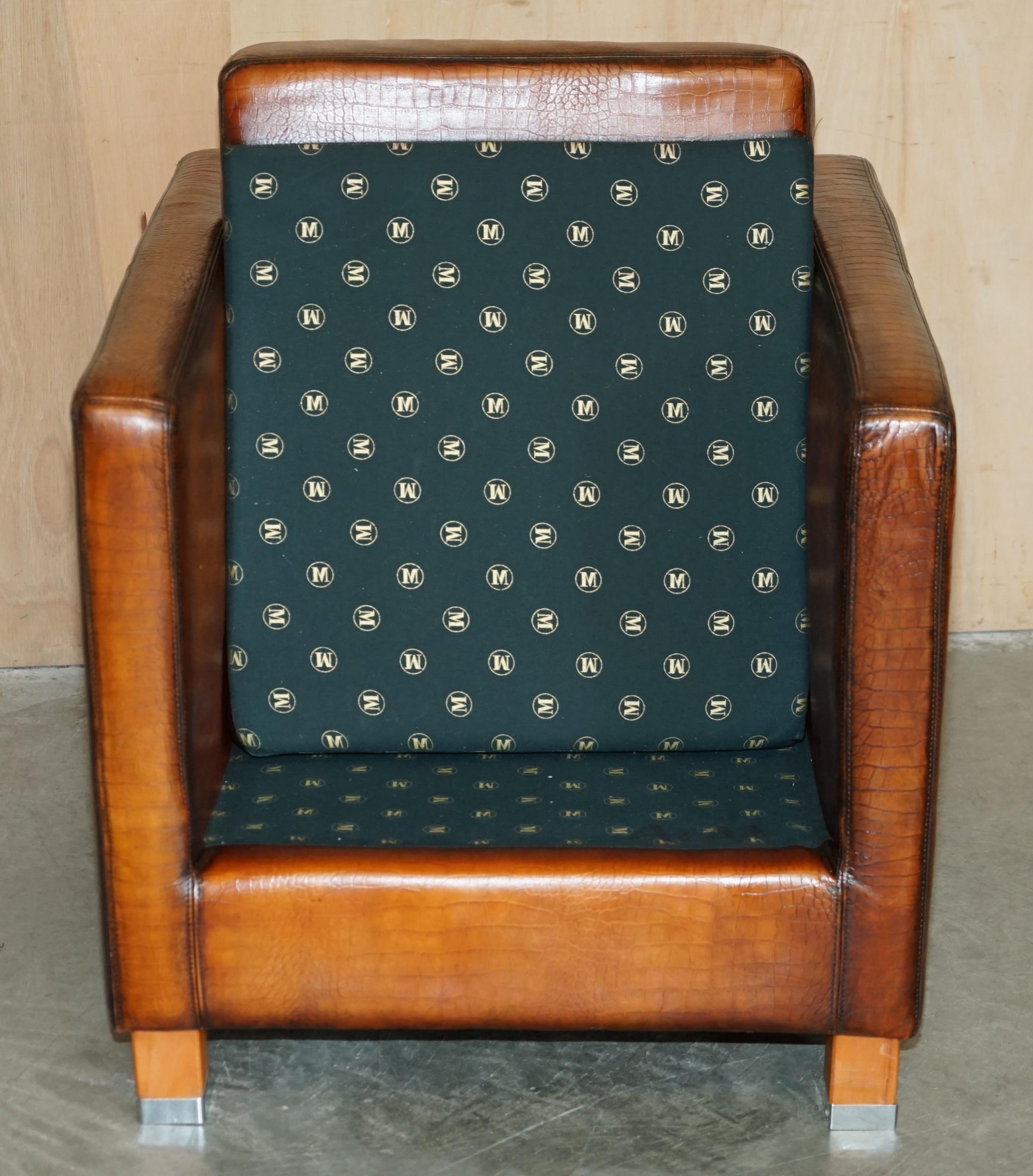 COPPIA RESTAURATA DI POLTRONE DA CLUB IN PELLE MOROSO CROCODILLO ALLIGATORE PATINA MARRONE in vendita 6