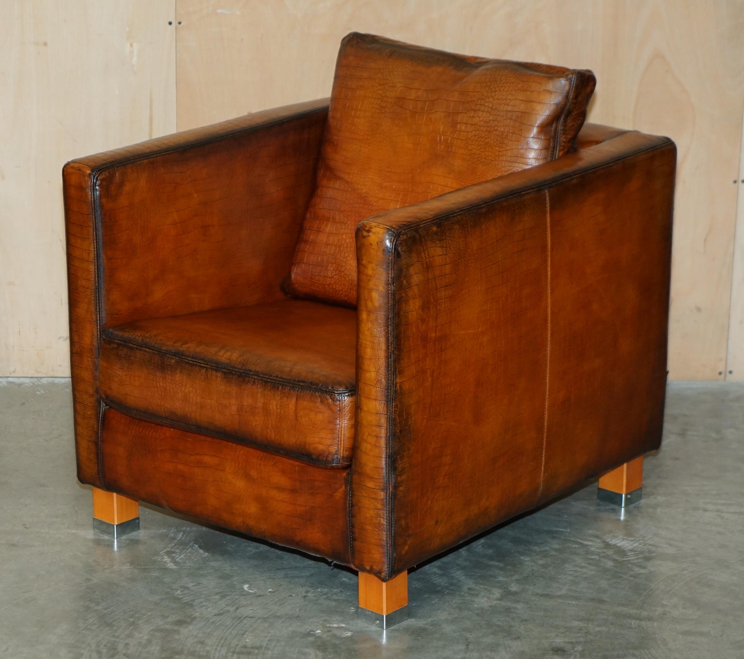 COPPIA RESTAURATA DI POLTRONE DA CLUB IN PELLE MOROSO CROCODILLO ALLIGATORE PATINA MARRONE in vendita 8