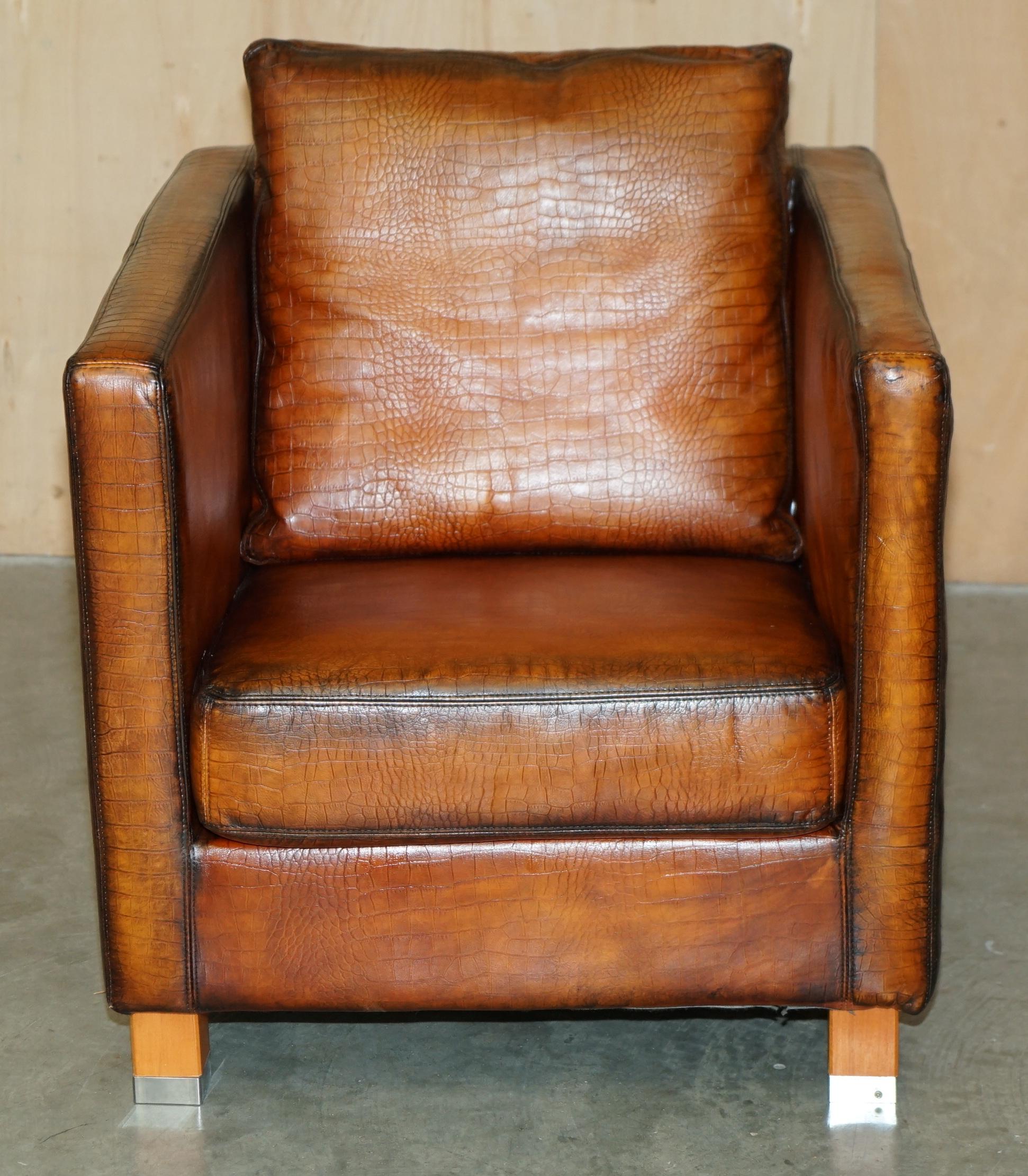 COPPIA RESTAURATA DI POLTRONE DA CLUB IN PELLE MOROSO CROCODILLO ALLIGATORE PATINA MARRONE in vendita 9