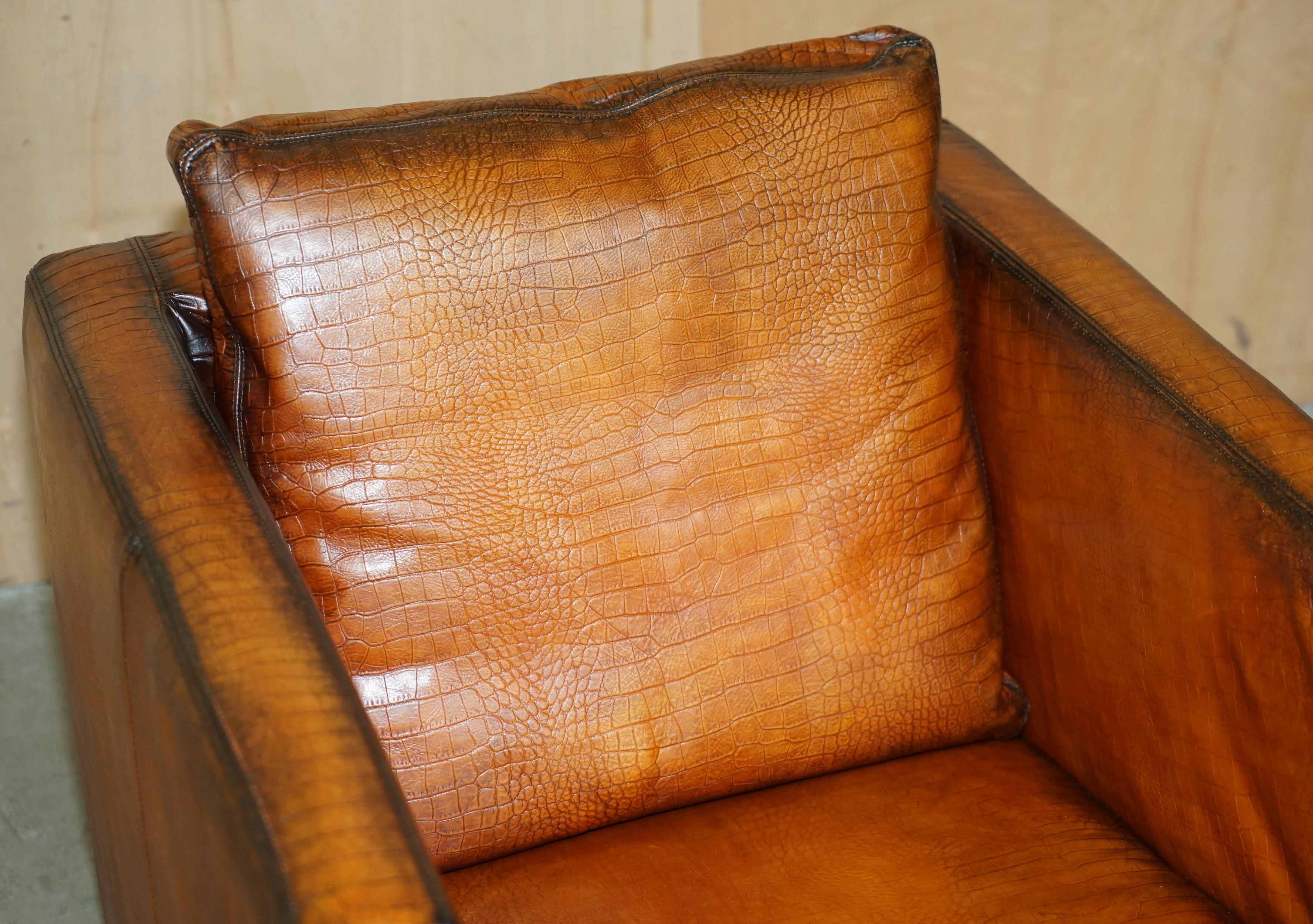 COPPIA RESTAURATA DI POLTRONE DA CLUB IN PELLE MOROSO CROCODILLO ALLIGATORE PATINA MARRONE in vendita 10
