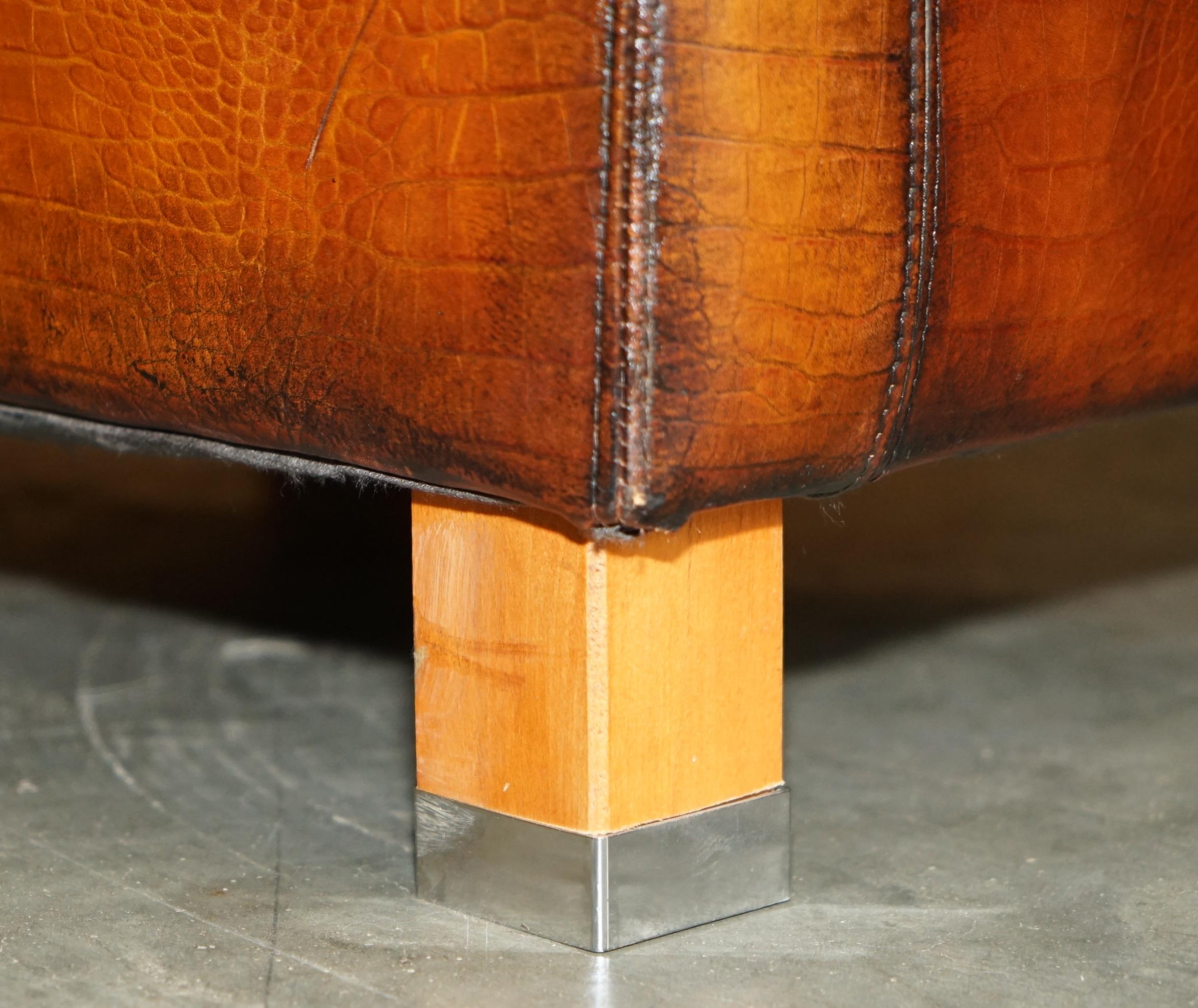 COPPIA RESTAURATA DI POLTRONE DA CLUB IN PELLE MOROSO CROCODILLO ALLIGATORE PATINA MARRONE in vendita 12