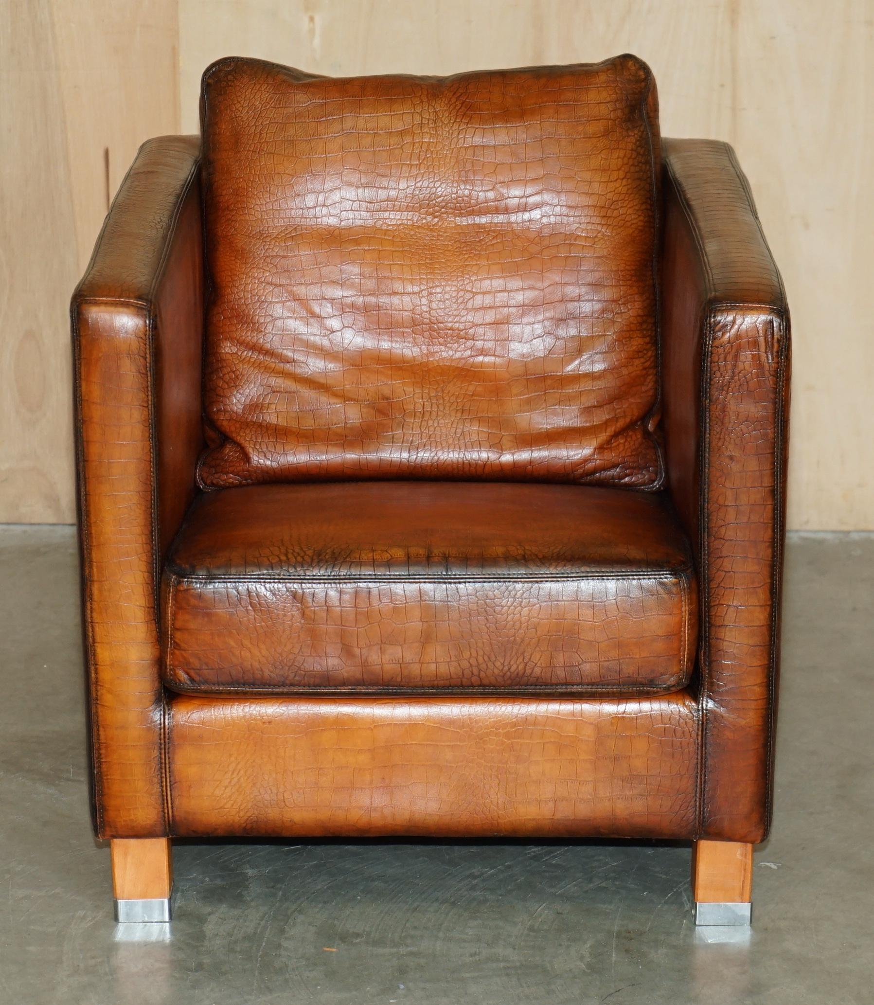 Art Déco COPPIA RESTAURATA DI POLTRONE DA CLUB IN PELLE MOROSO CROCODILLO ALLIGATORE PATINA MARRONE in vendita