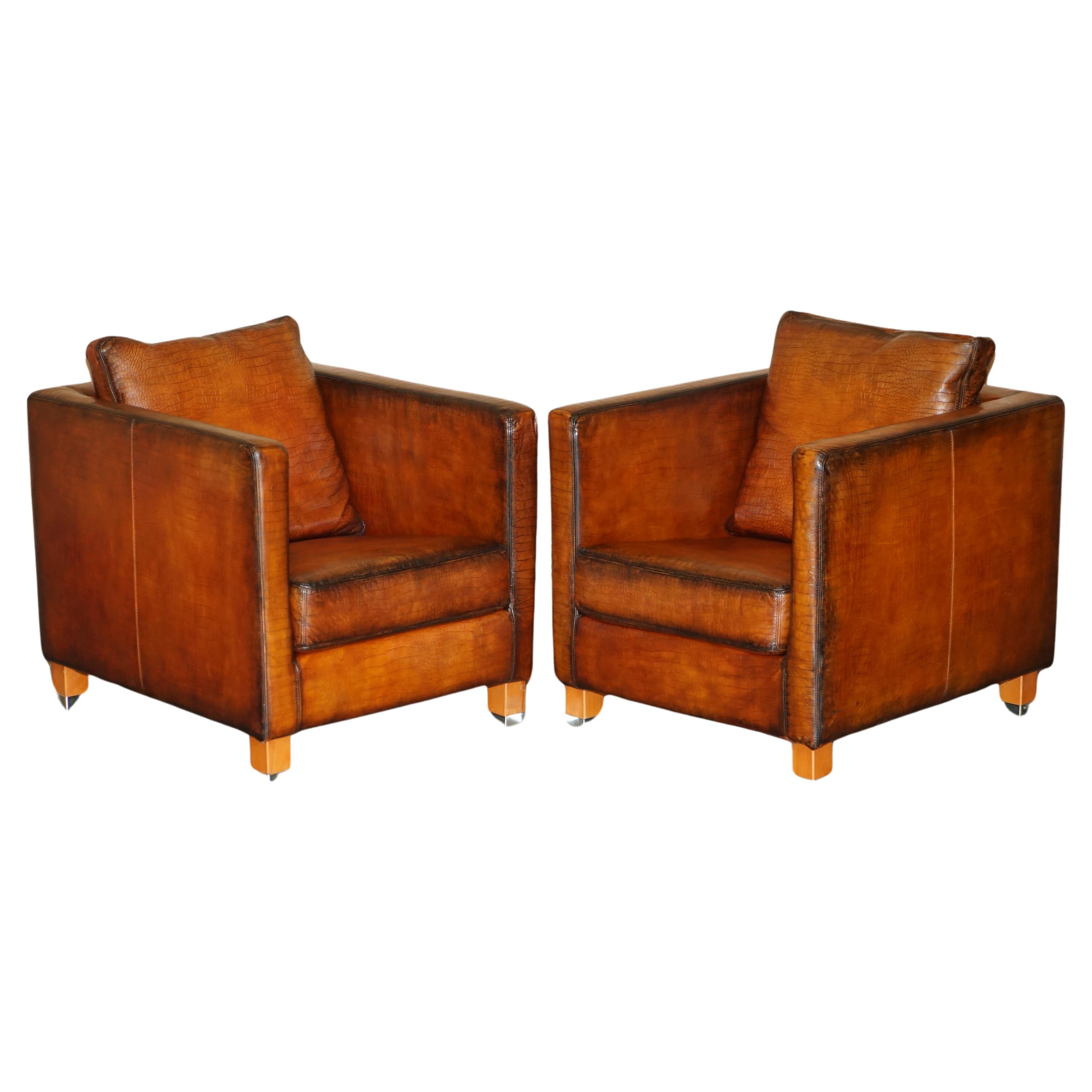 RESTORED PAIR OF MOROSO CROCODILE ALLIGATOR PATINA BROWN LEATHER CLUB ARMCHAIRs
