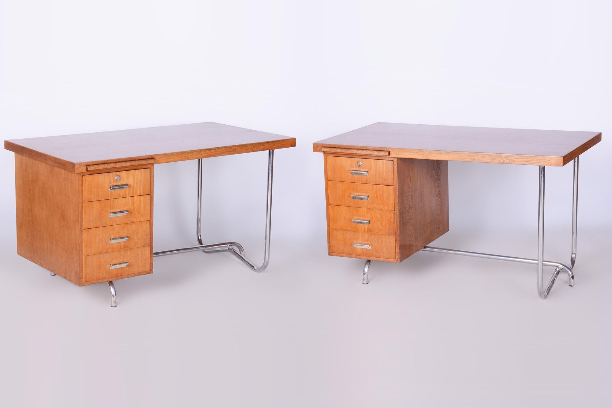Restored Pair of Oak Writing Desks, Hynek Gottwald, Chrome, Czechia, 1930s For Sale 6
