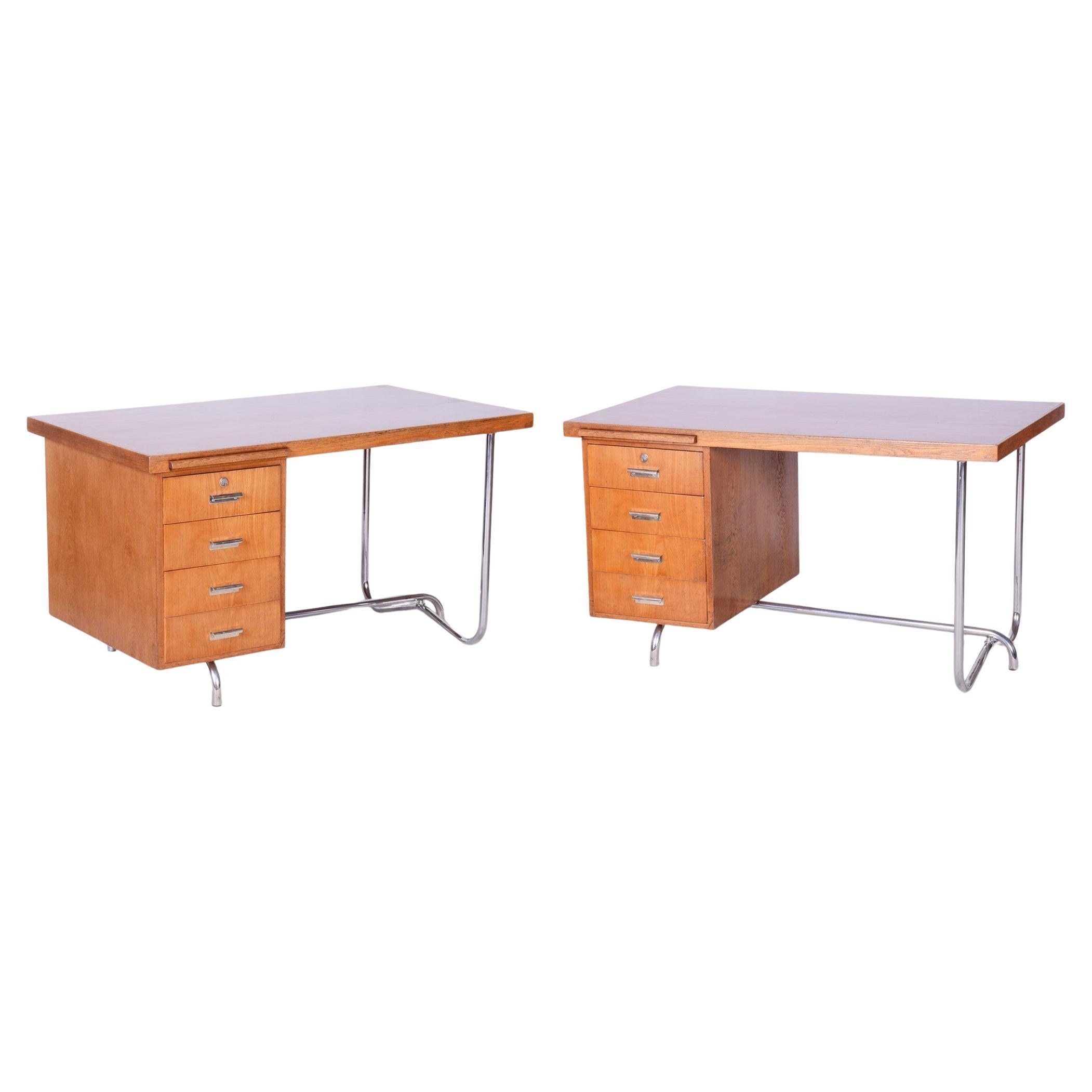 Restored Pair of Oak Writing Desks, Hynek Gottwald, Chrome, Czechia, 1930s For Sale