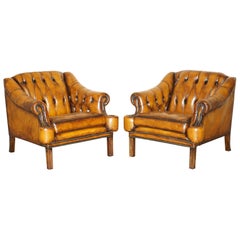 RESTORED PAIR OF ViNTAGE CHESTERFIELD REGENCY STYLE BROWN LEATHER CLUB ARMCHAIRS