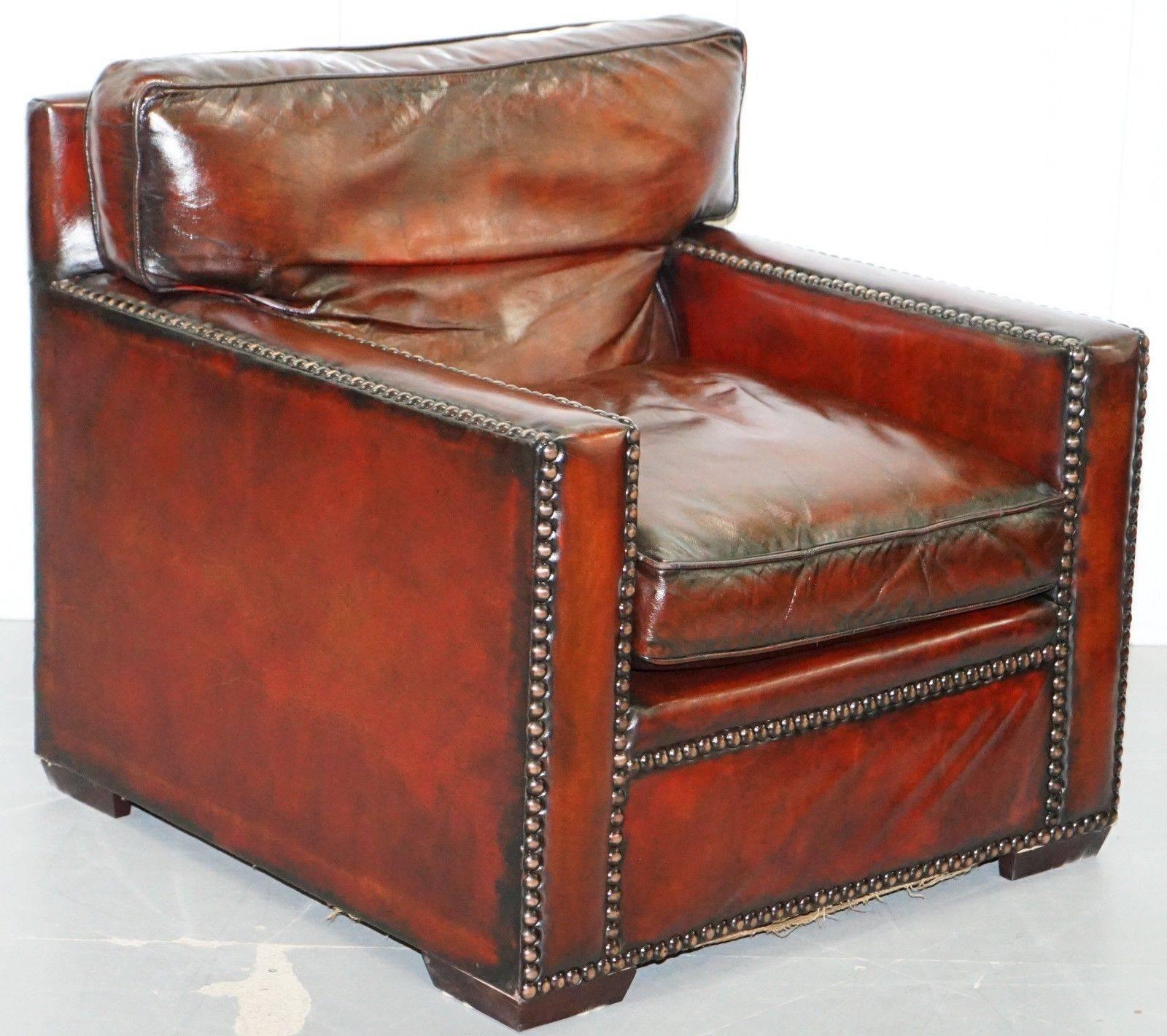 We are delighted to offer for sale this pair of stunning fully restored Bordeaux leather Gentleman’s club armchairs part of a large suite with a great history

These are part of a suite, all restored to the same finish and standard, I have two