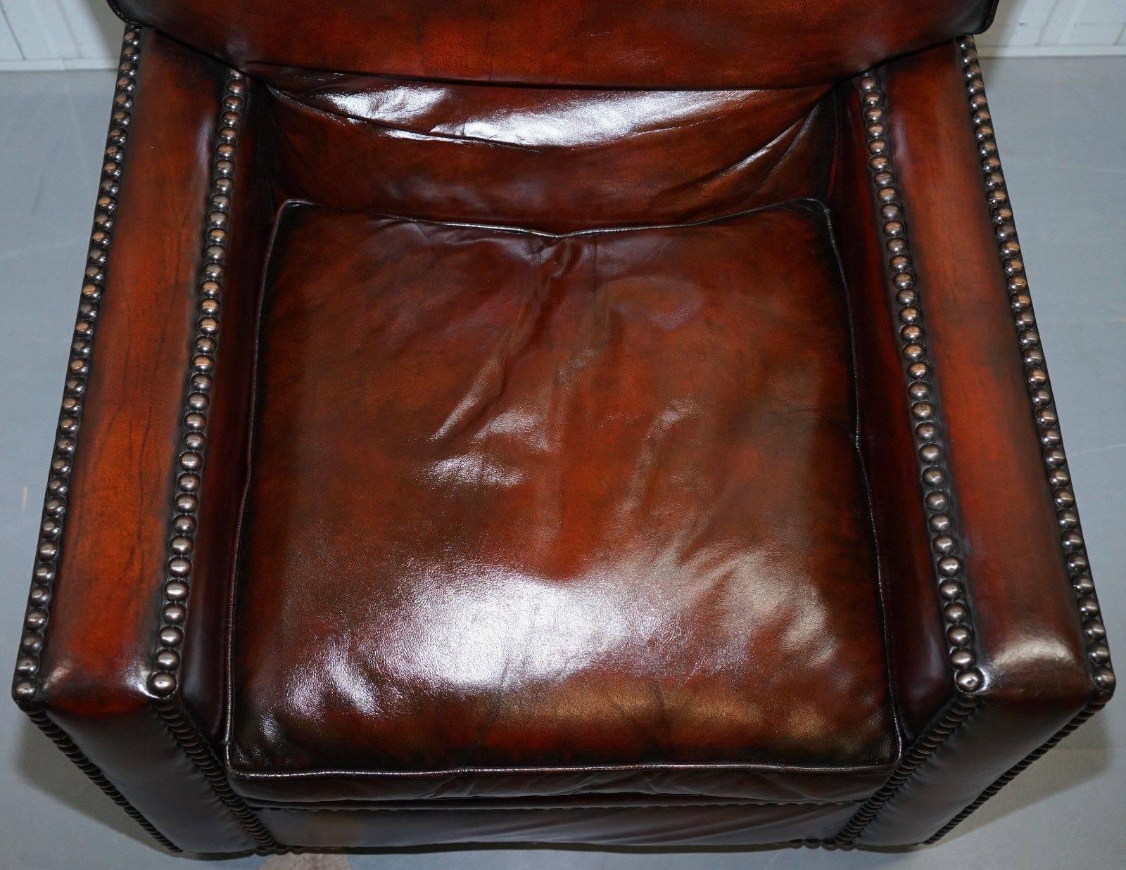 Hand-Crafted Restored Pair of Vintage Made in Chelsea Bordeaux Leather Armchair Part of Suite