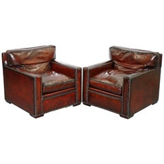 Restored Pair of Vintage Made in Chelsea Bordeaux Leather Armchair Part of Suite