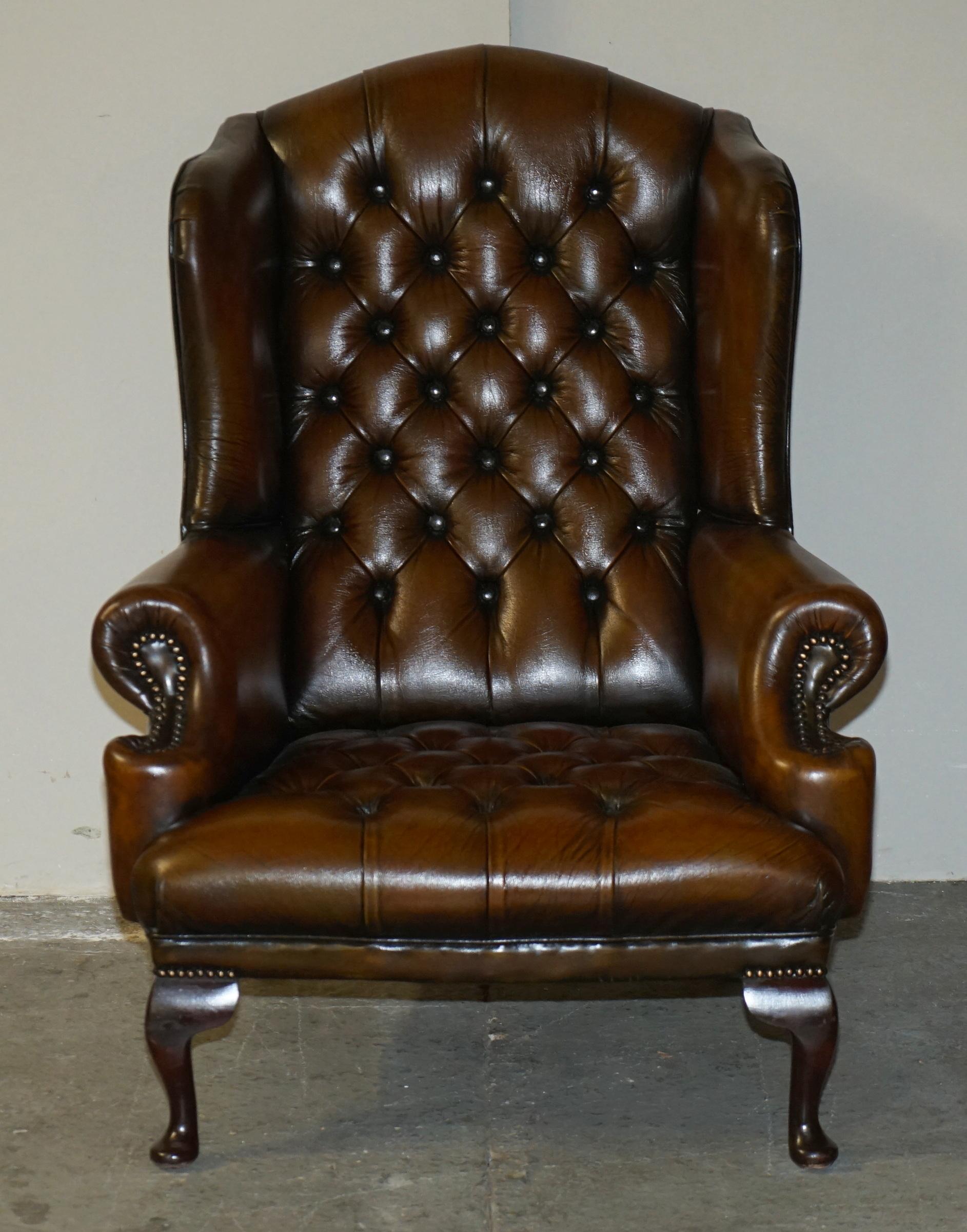 Chesterfield RESTORED PAIR OF WiLLIAM MORRIS BROWN LEATHER CHESTERFIELD WINGBACK ARMCHAIRS