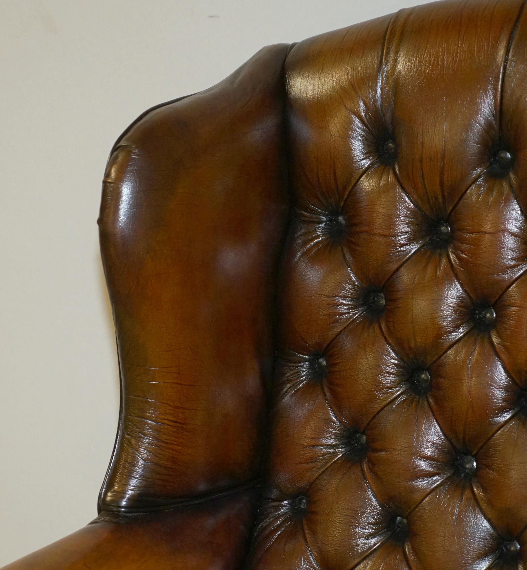 Hand-Crafted RESTORED PAIR OF WiLLIAM MORRIS BROWN LEATHER CHESTERFIELD WINGBACK ARMCHAIRS
