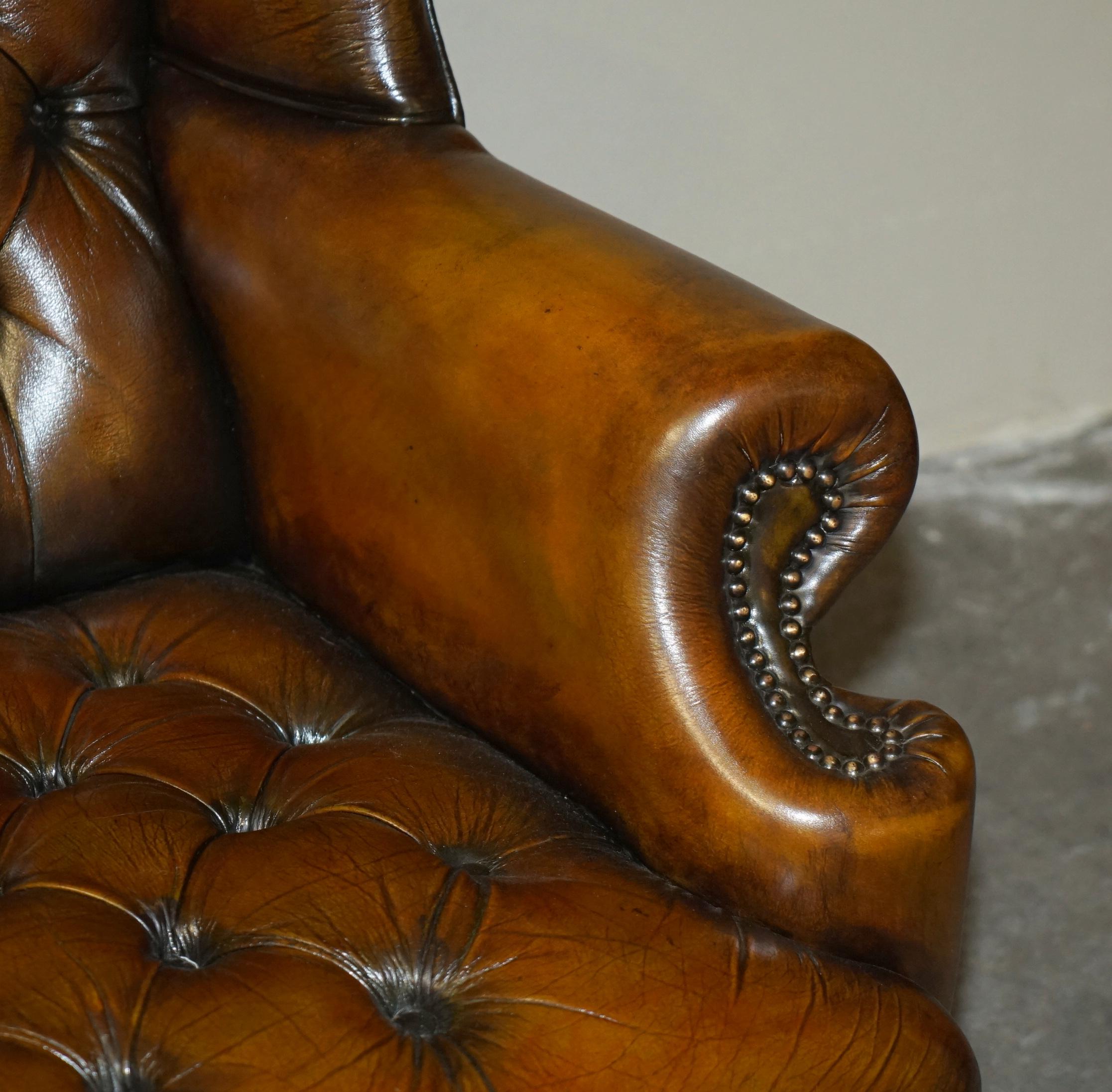 Leather RESTORED PAIR OF WiLLIAM MORRIS BROWN LEATHER CHESTERFIELD WINGBACK ARMCHAIRS