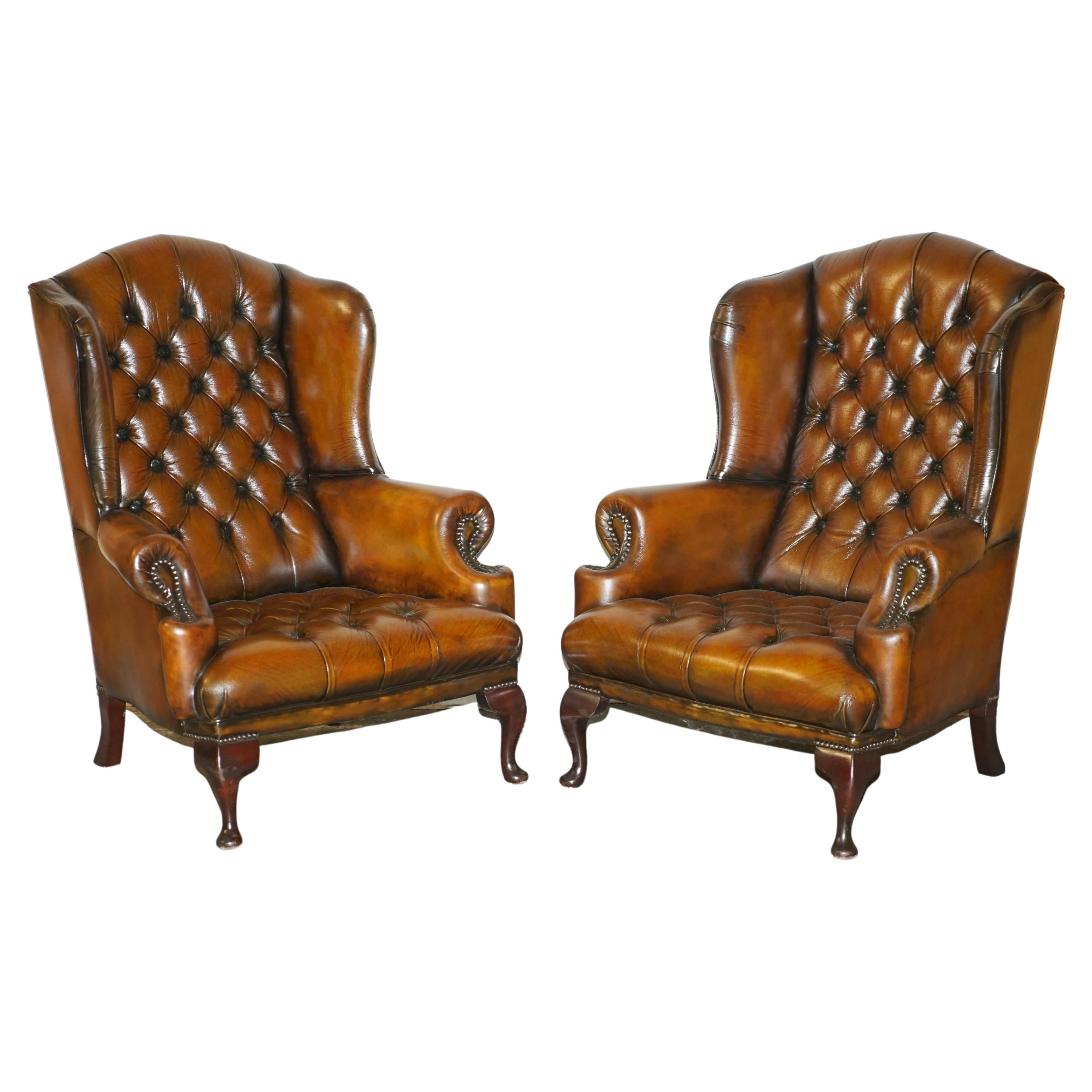 RESTORED PAIR OF WiLLIAM MORRIS BROWN LEATHER CHESTERFIELD WINGBACK ARMCHAIRS