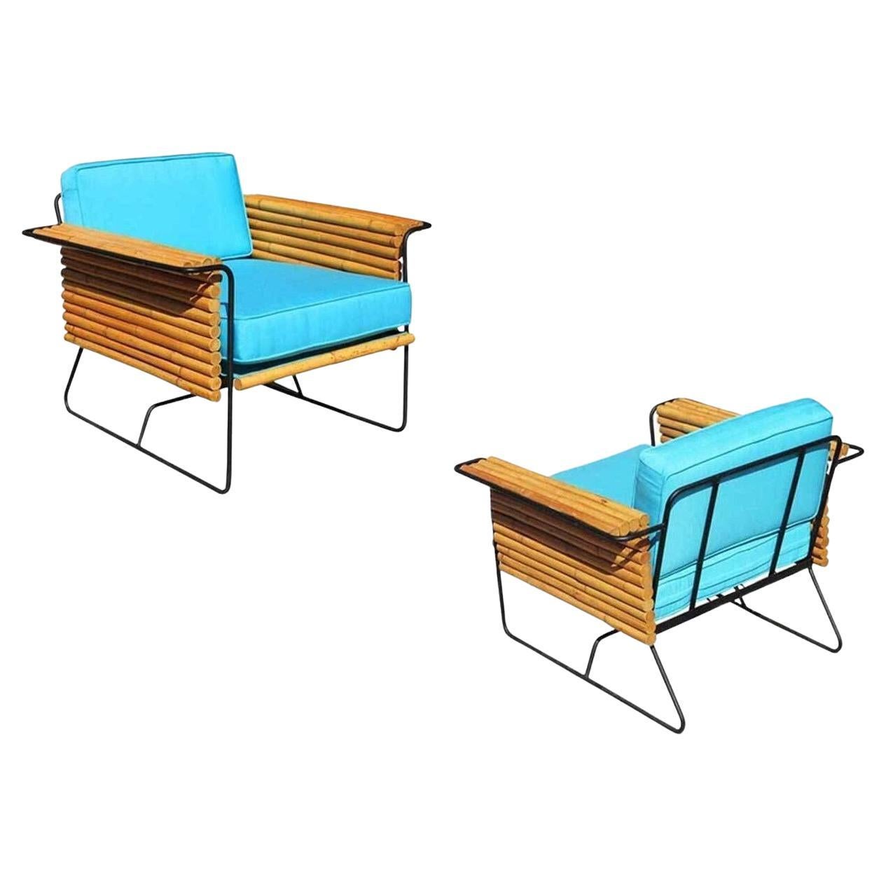 Restored Pair of Wrought Iron and Rattan Ski Club Lounge Chairs by Shirley Ritts For Sale