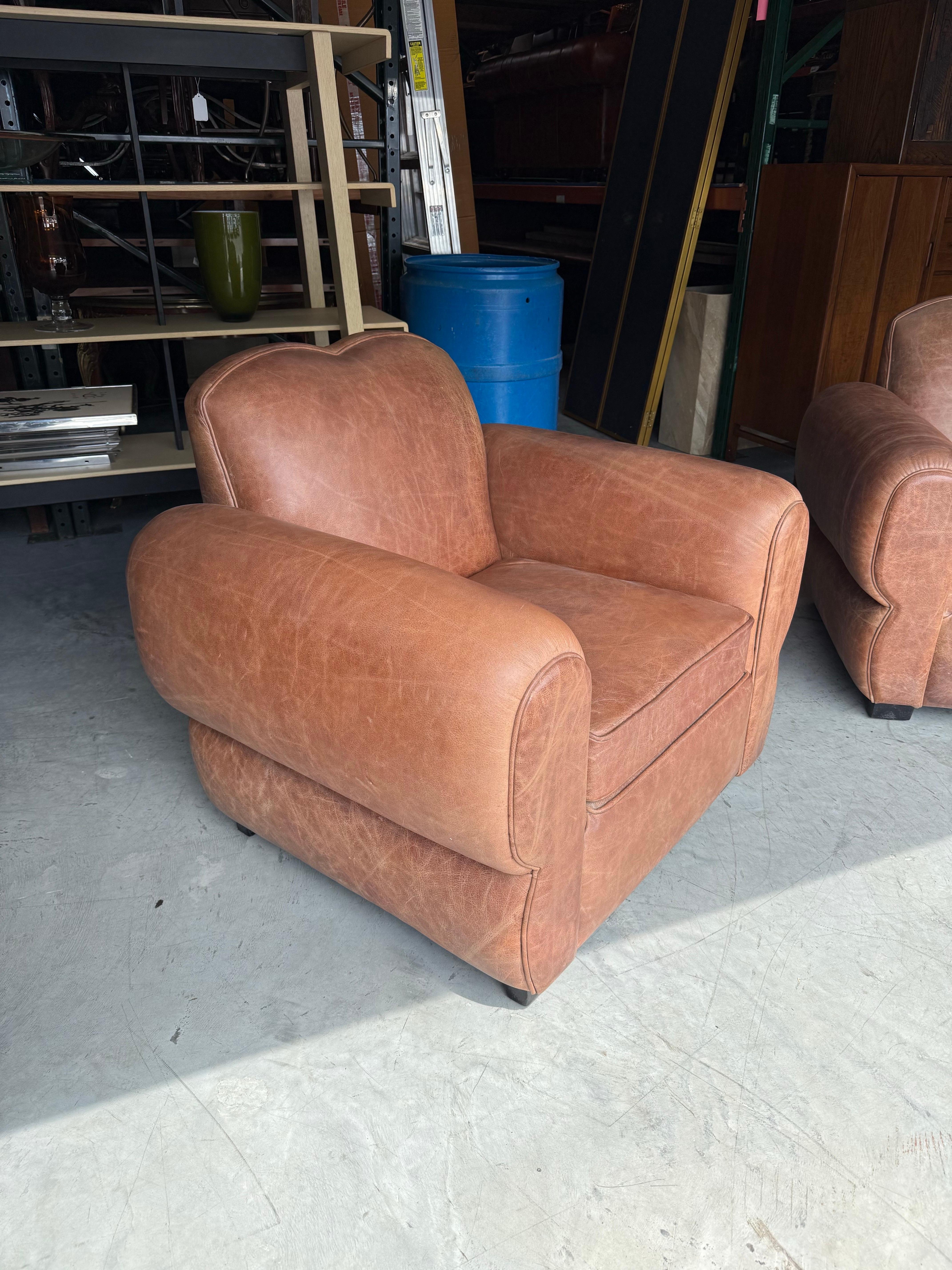 Restored Pair Restored French Art Deco Cigar Mustache Club Chairs 5