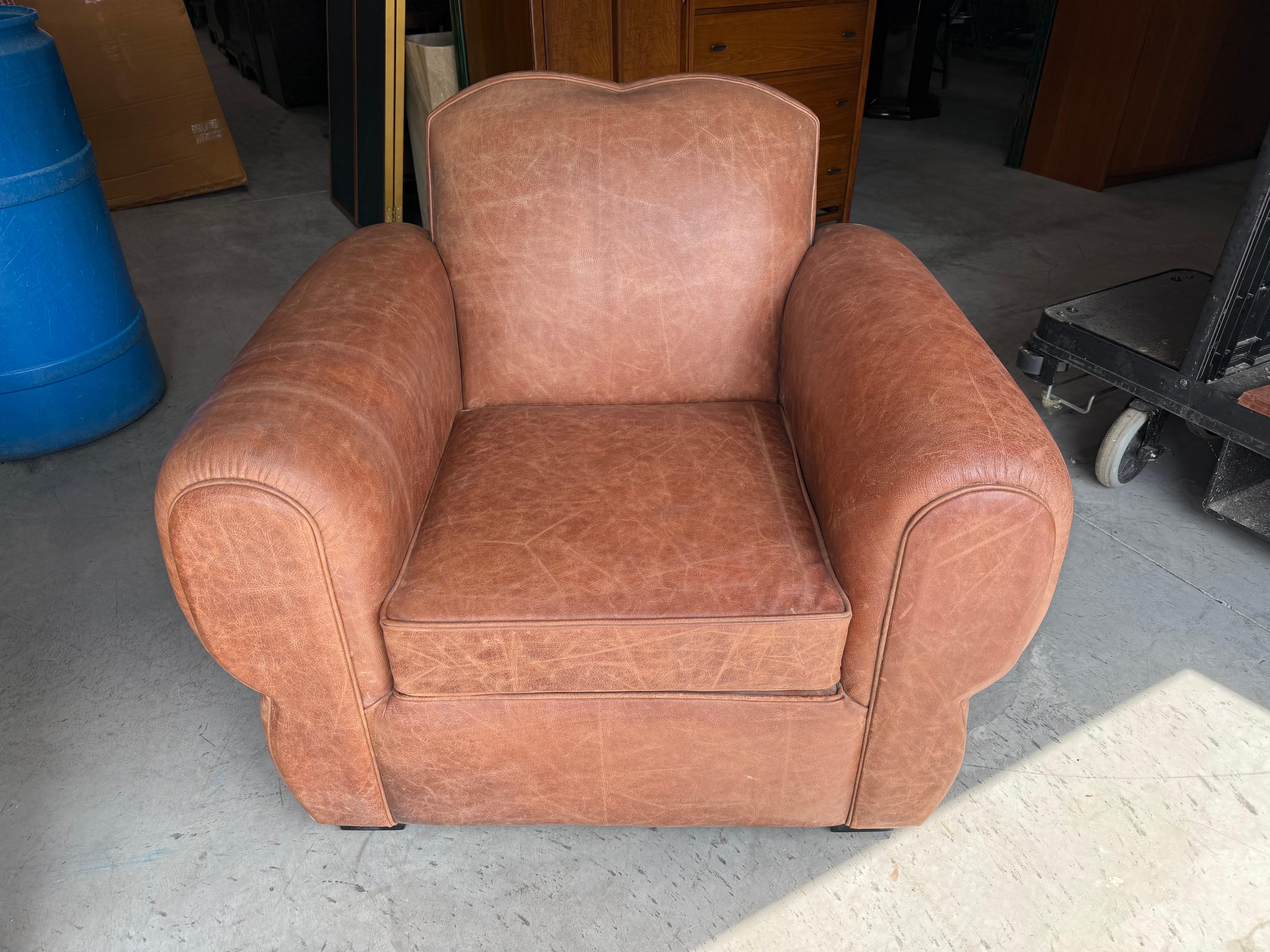 Restored Pair Restored French Art Deco Cigar Mustache Club Chairs 6