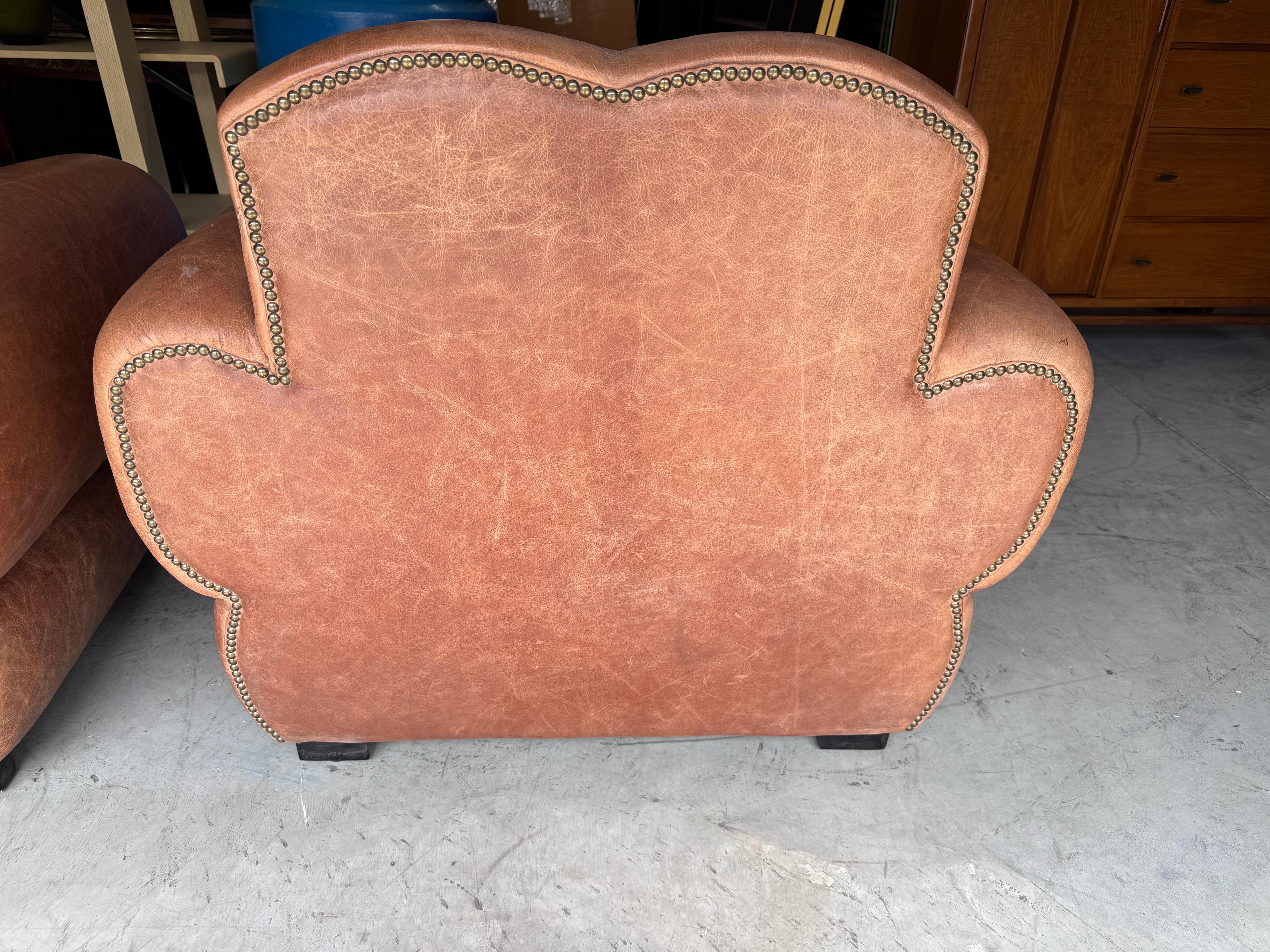Restored Pair Restored French Art Deco Cigar Mustache Club Chairs 7