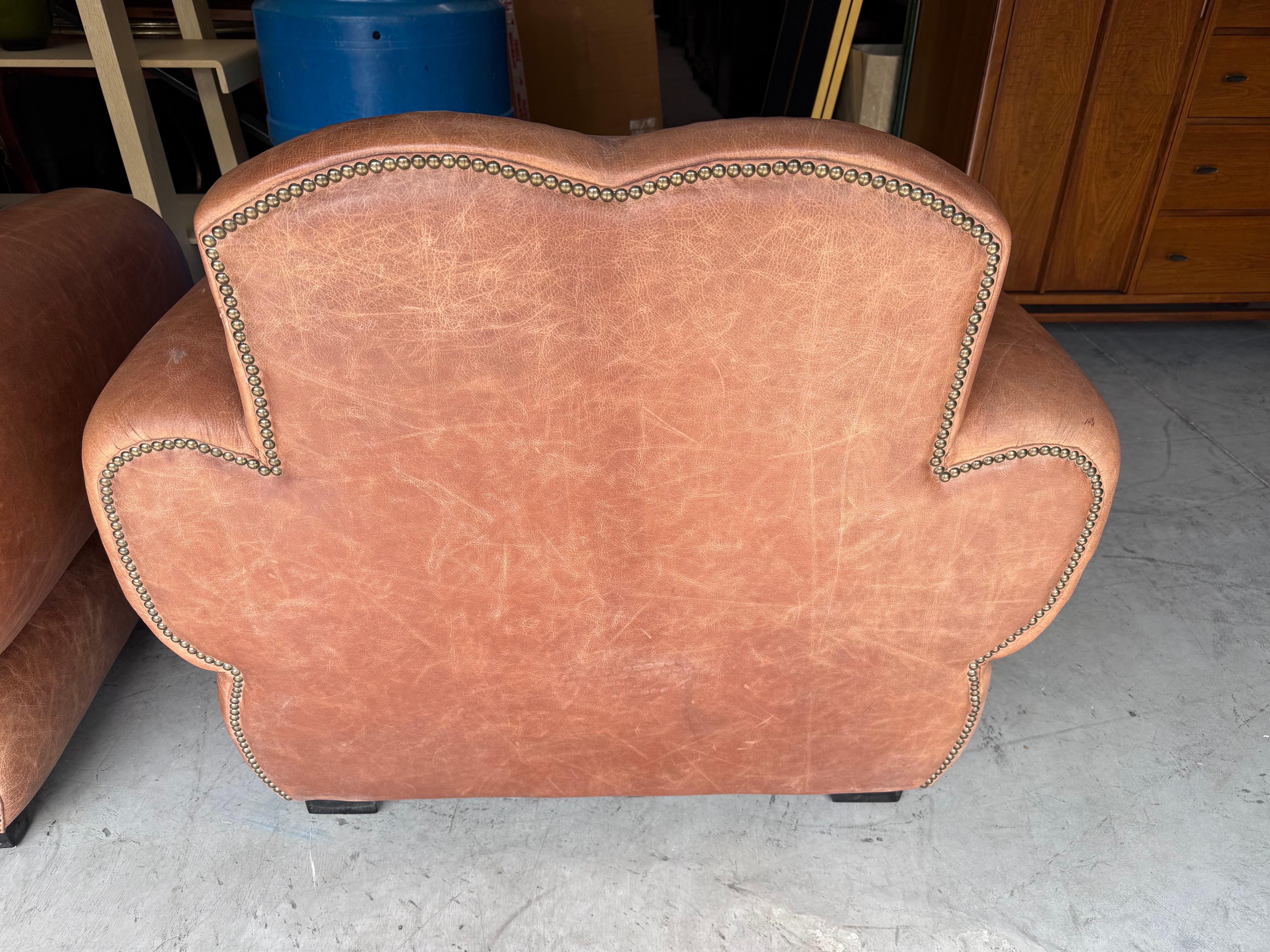 Restored Pair Restored French Art Deco Cigar Mustache Club Chairs 8