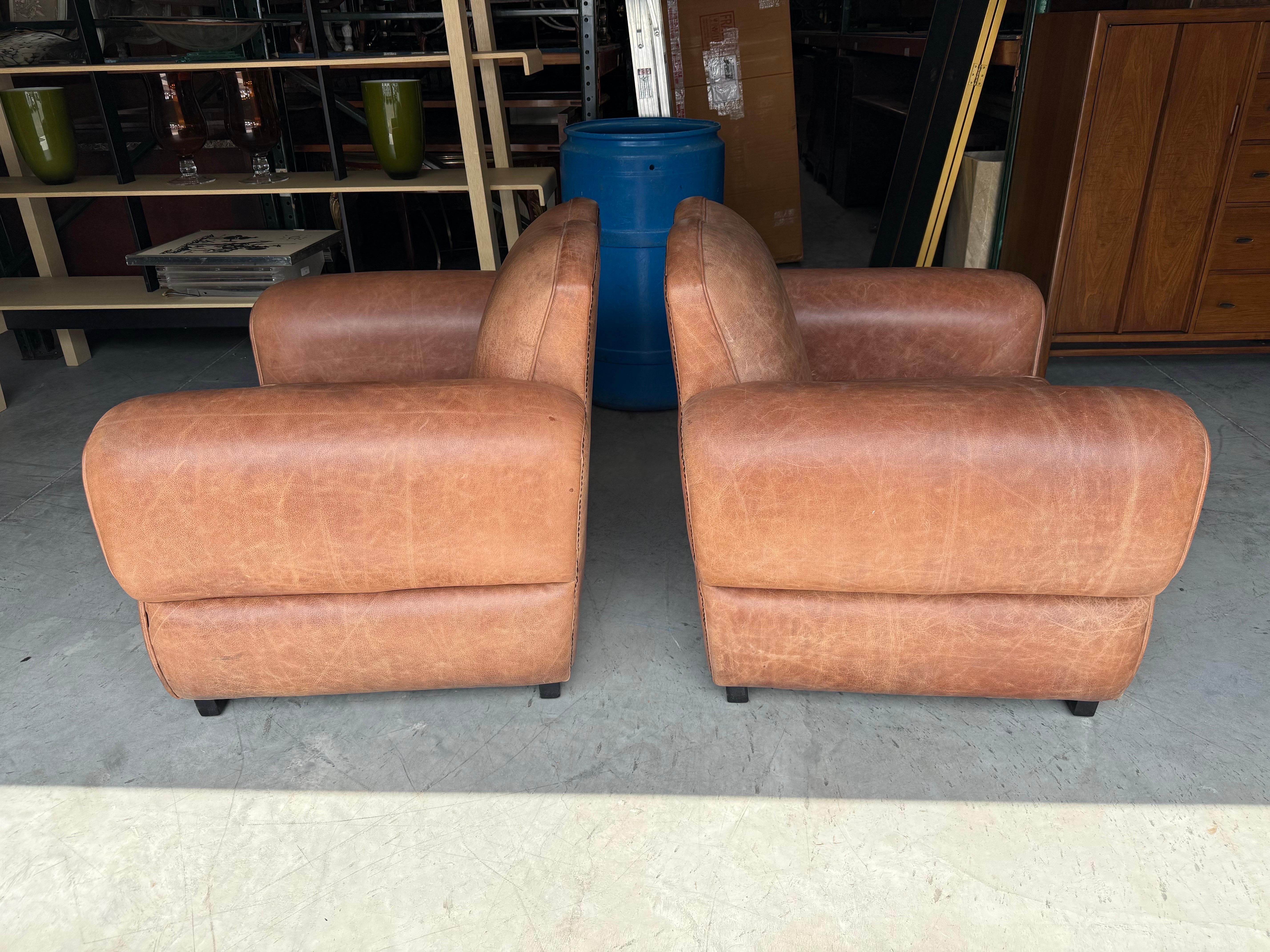 Restored Pair Restored French Art Deco Cigar Mustache Club Chairs 9
