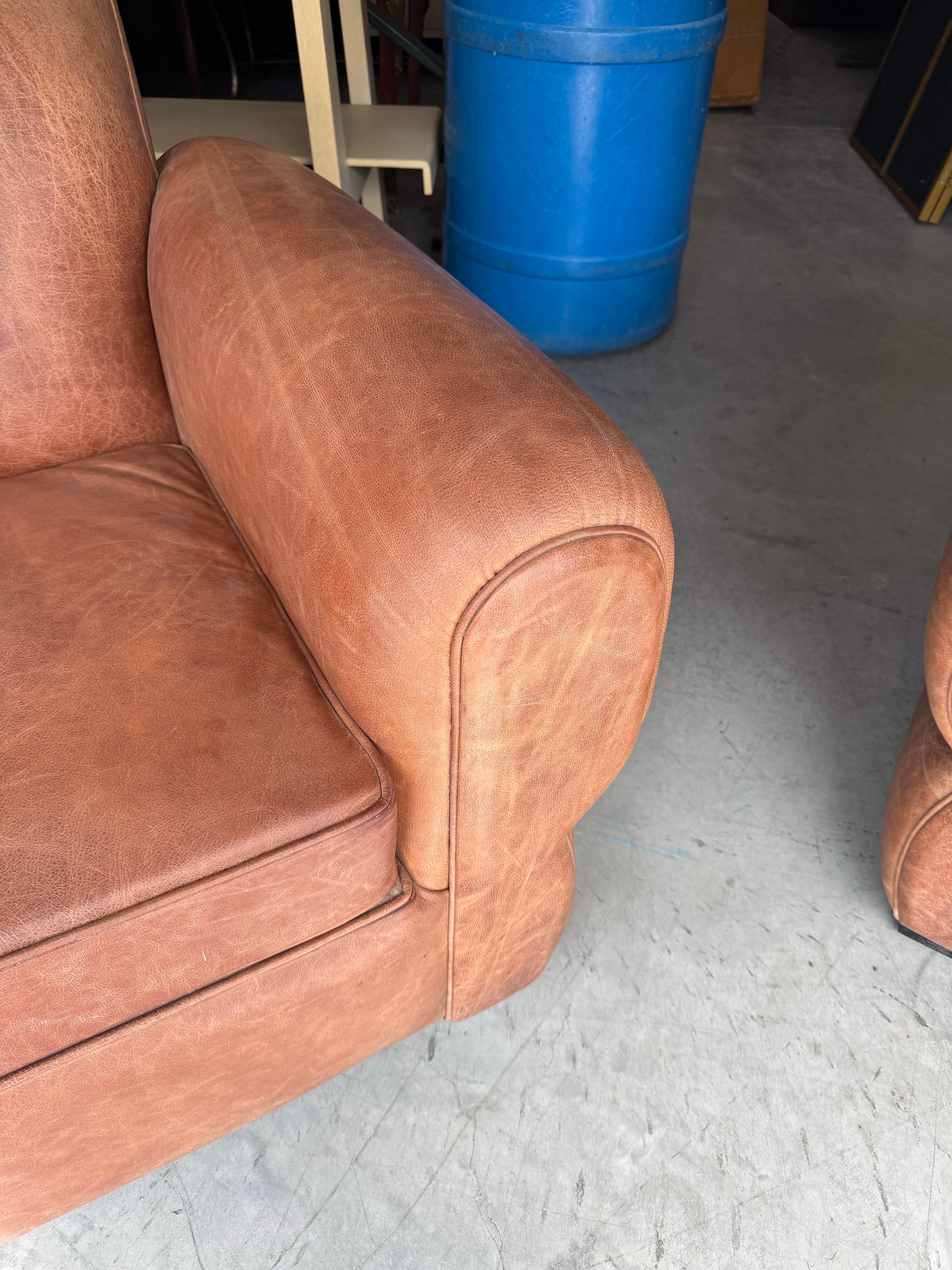 Restored Pair Restored French Art Deco Cigar Mustache Club Chairs 11