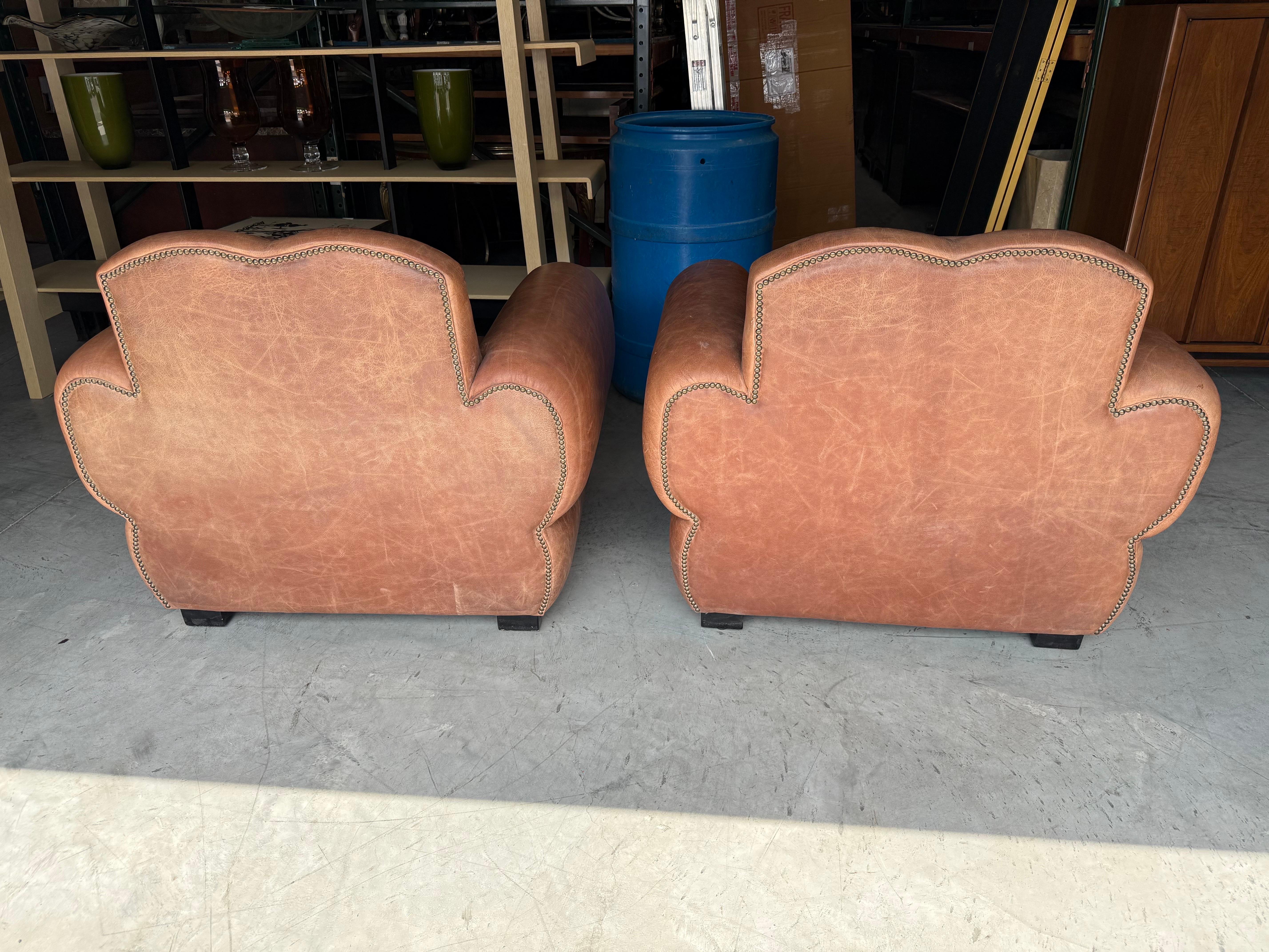 Restored Pair Restored French Art Deco Cigar Mustache Club Chairs 12