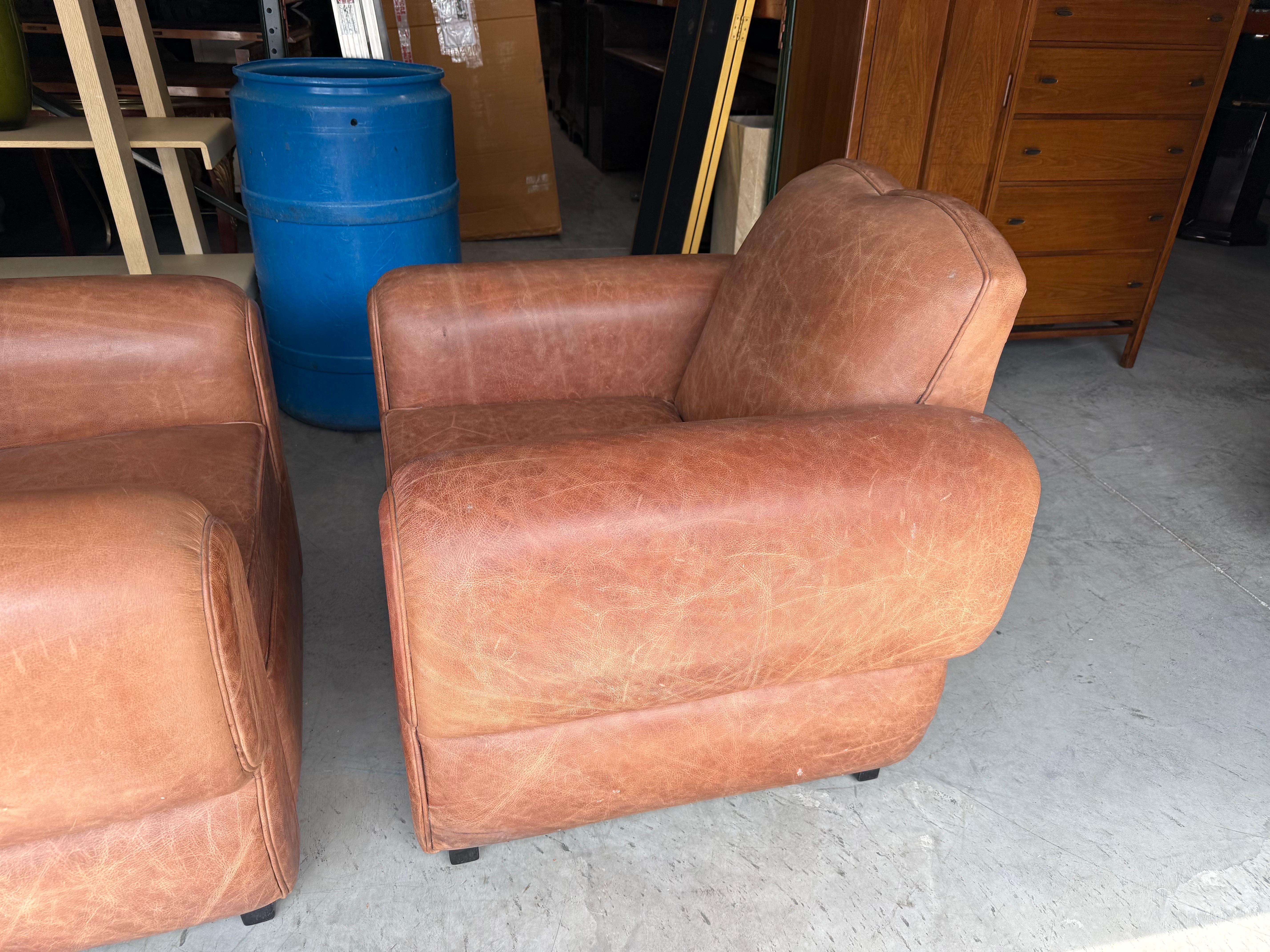 Restored Pair Restored French Art Deco Cigar Mustache Club Chairs 13