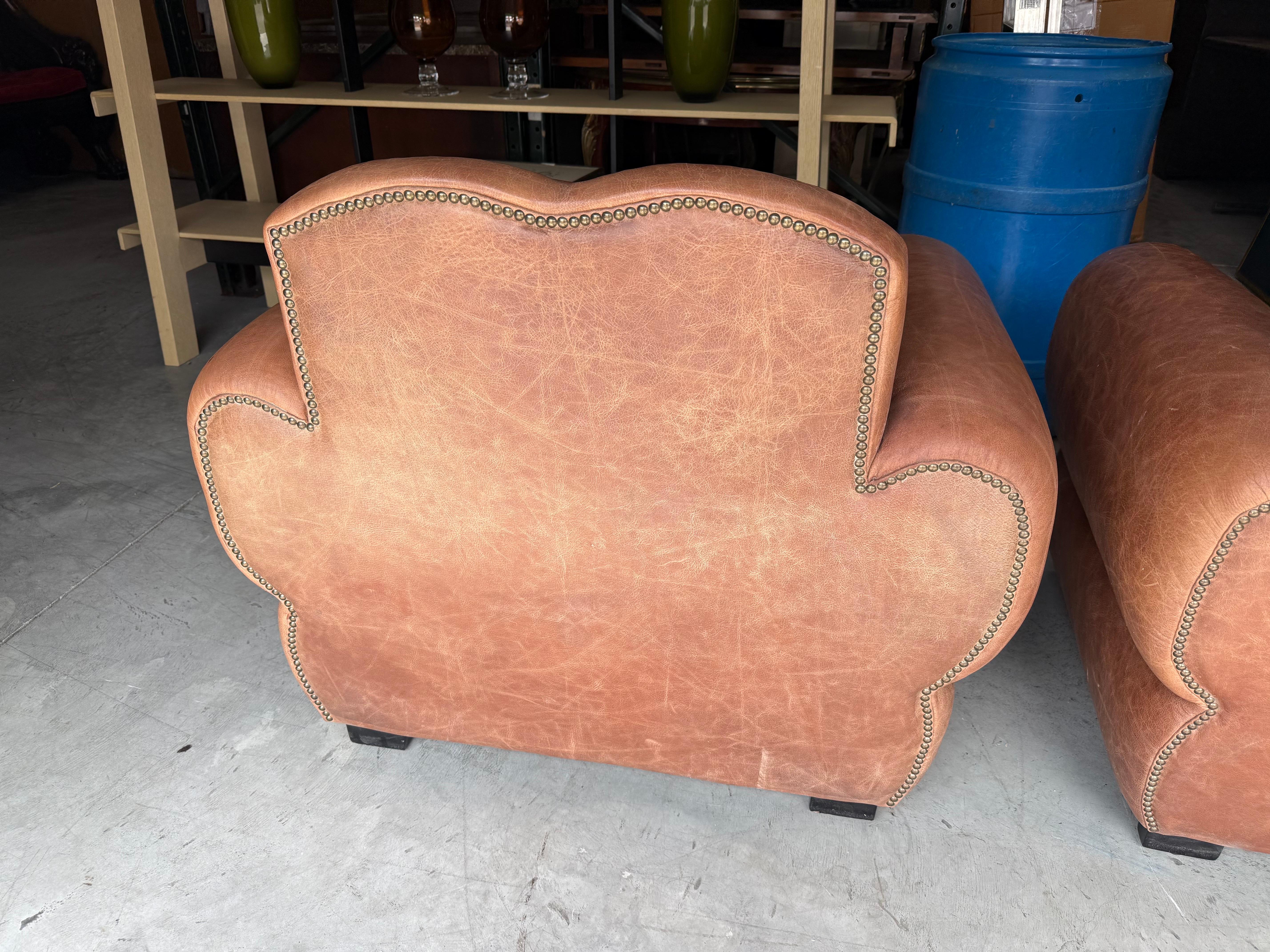 Restored Pair Restored French Art Deco Cigar Mustache Club Chairs 14