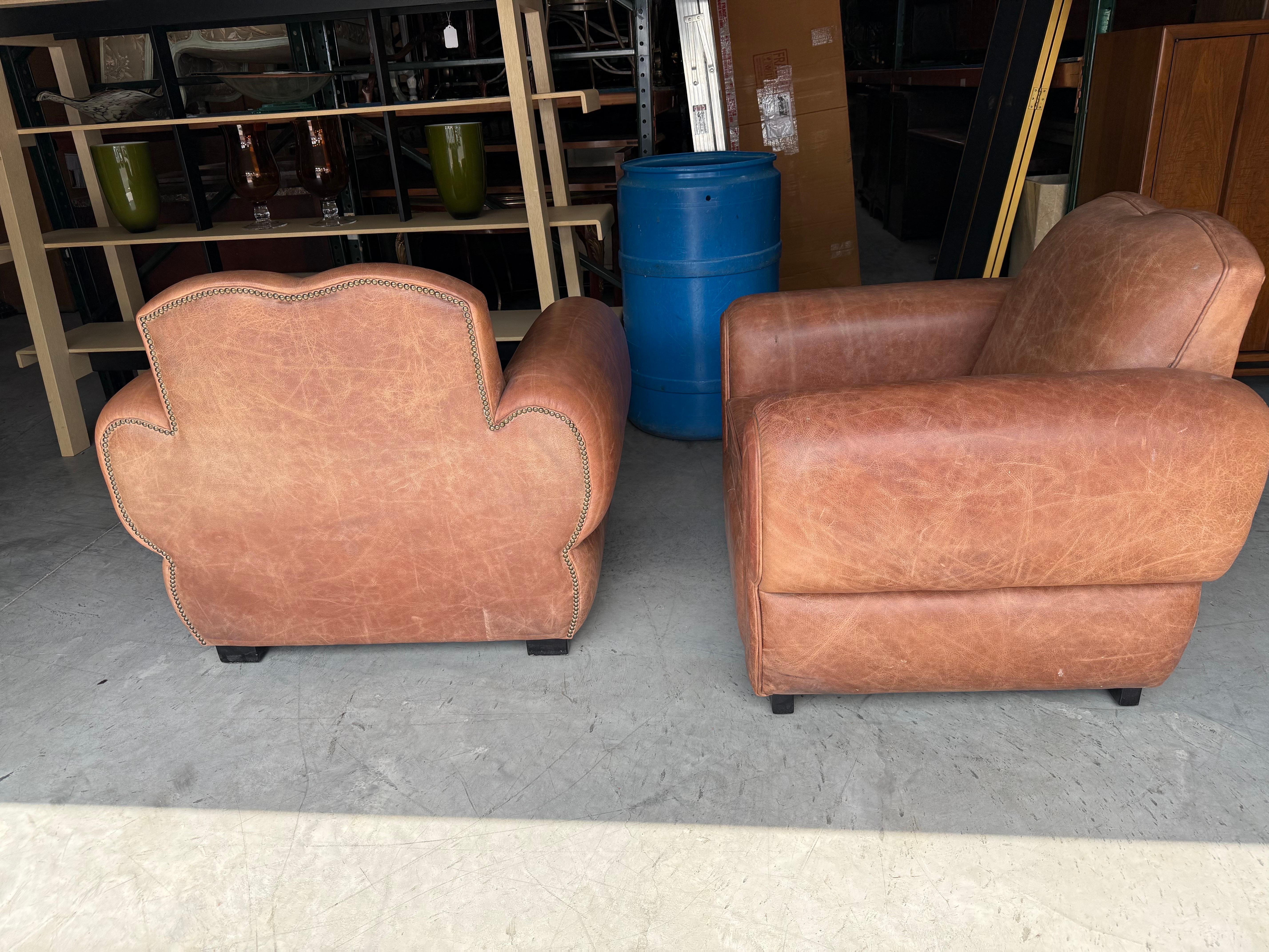 Restored Pair Restored French Art Deco Cigar Mustache Club Chairs In Good Condition In Swedesboro, NJ