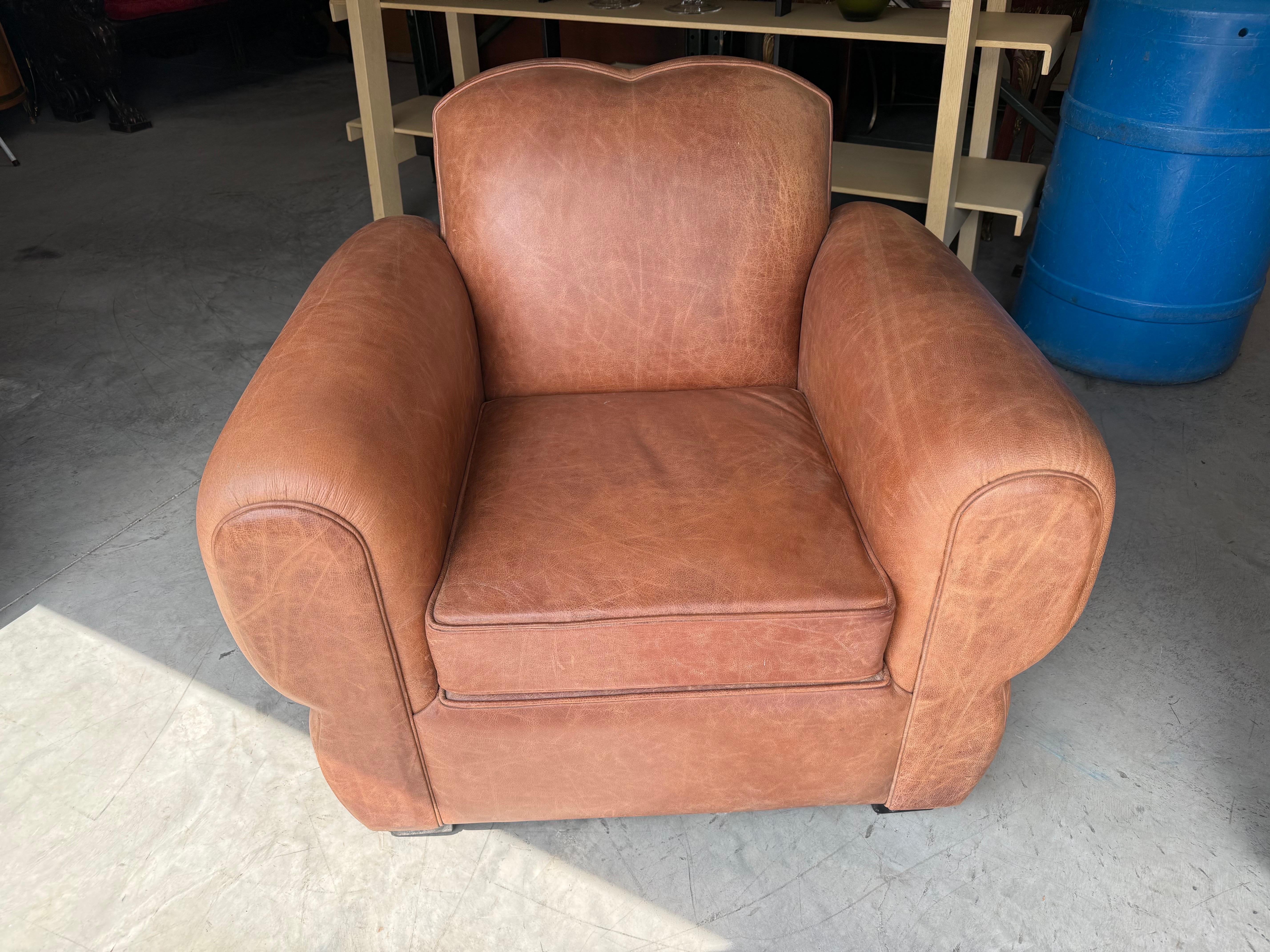 Mid-20th Century Restored Pair Restored French Art Deco Cigar Mustache Club Chairs