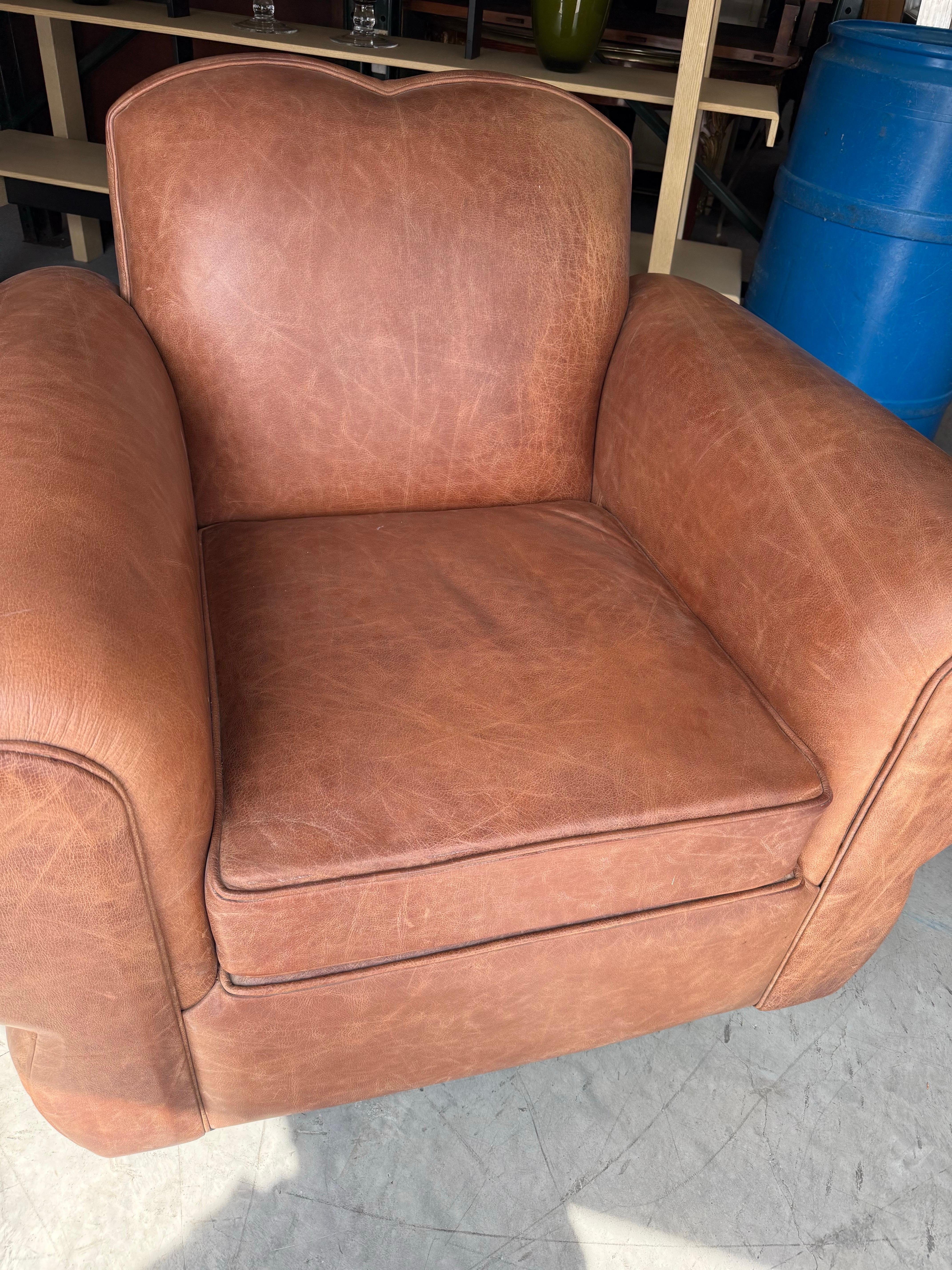 Leather Restored Pair Restored French Art Deco Cigar Mustache Club Chairs
