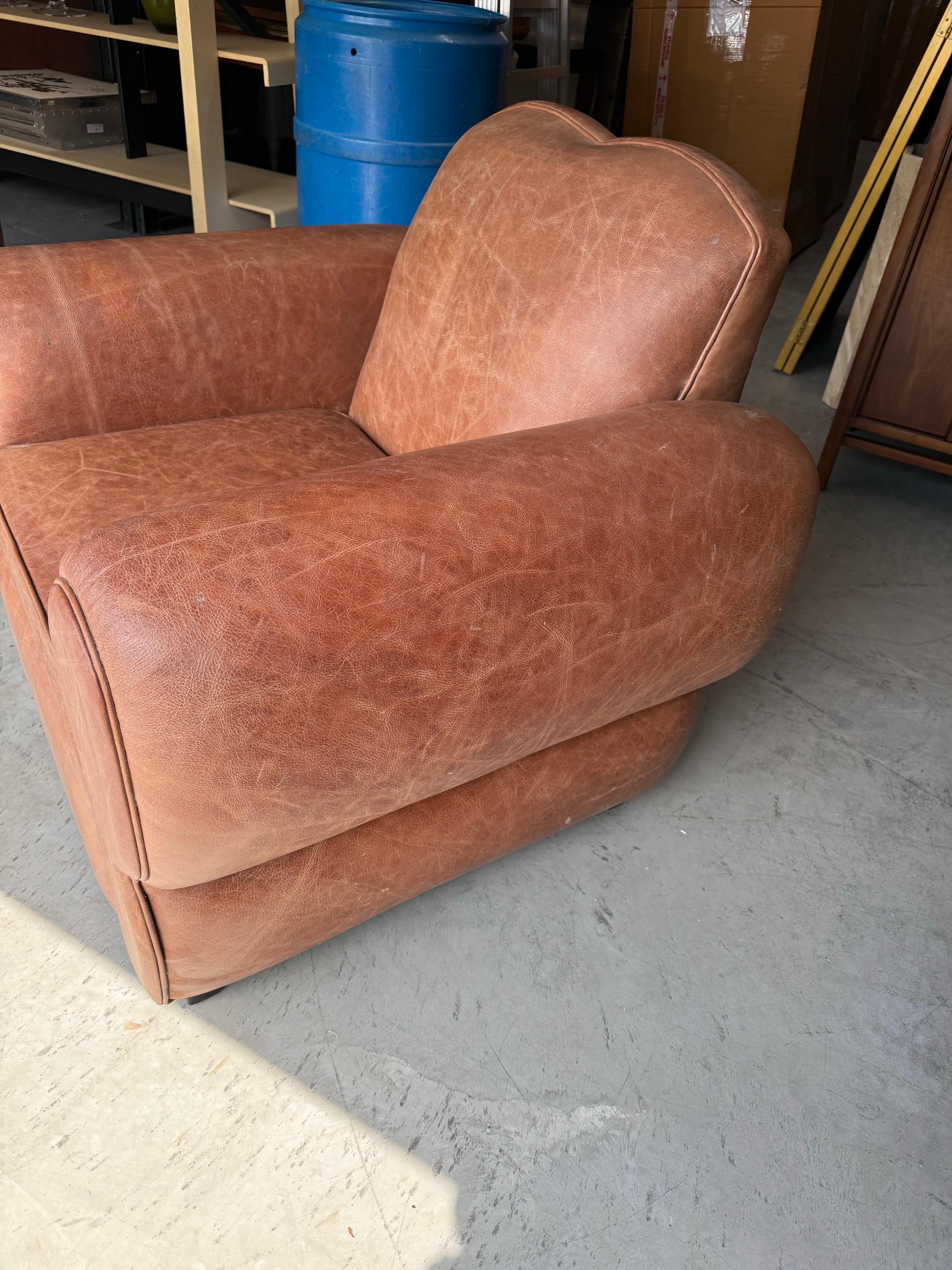 Restored Pair Restored French Art Deco Cigar Mustache Club Chairs 1