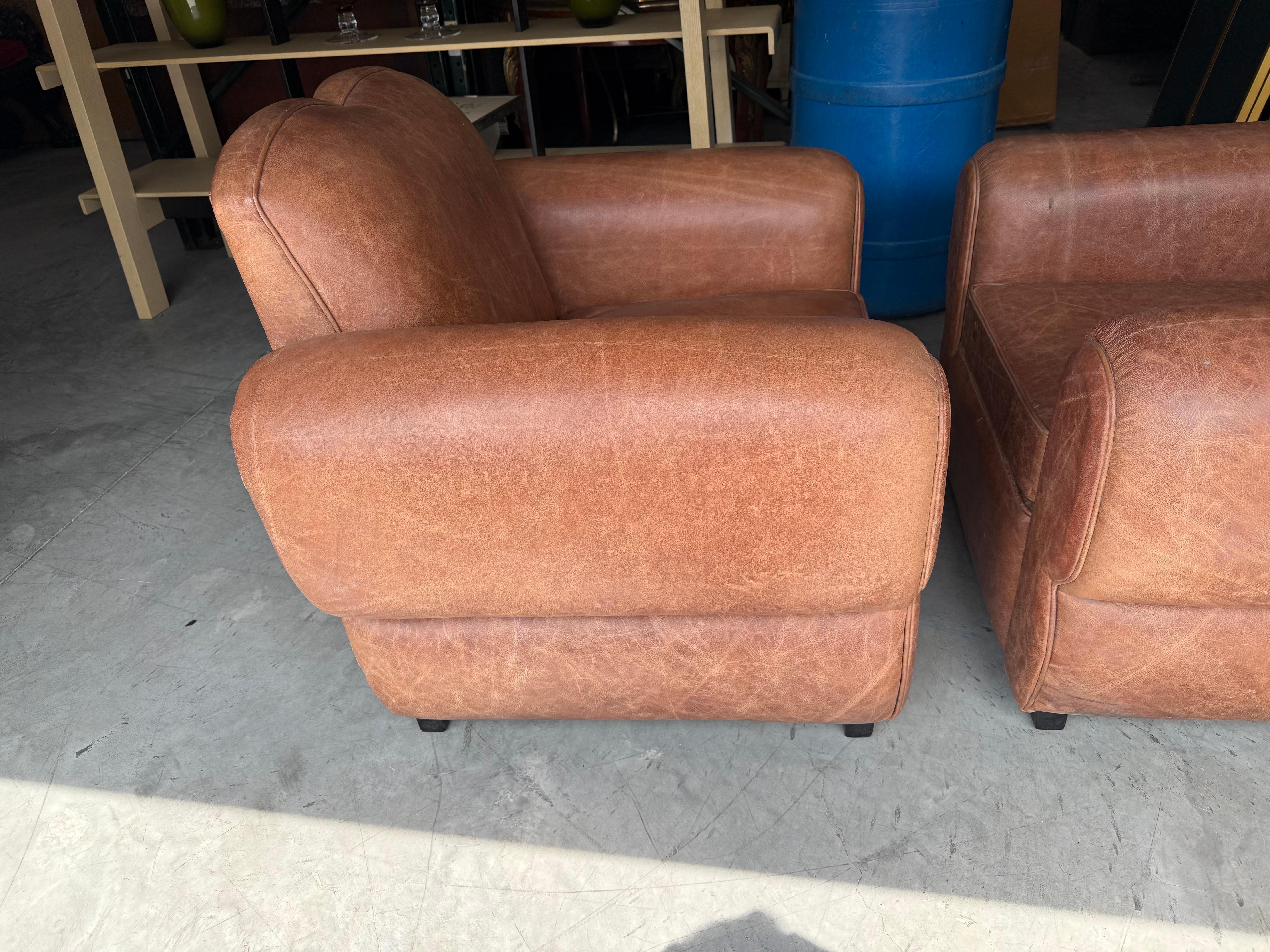 Restored Pair Restored French Art Deco Cigar Mustache Club Chairs 2