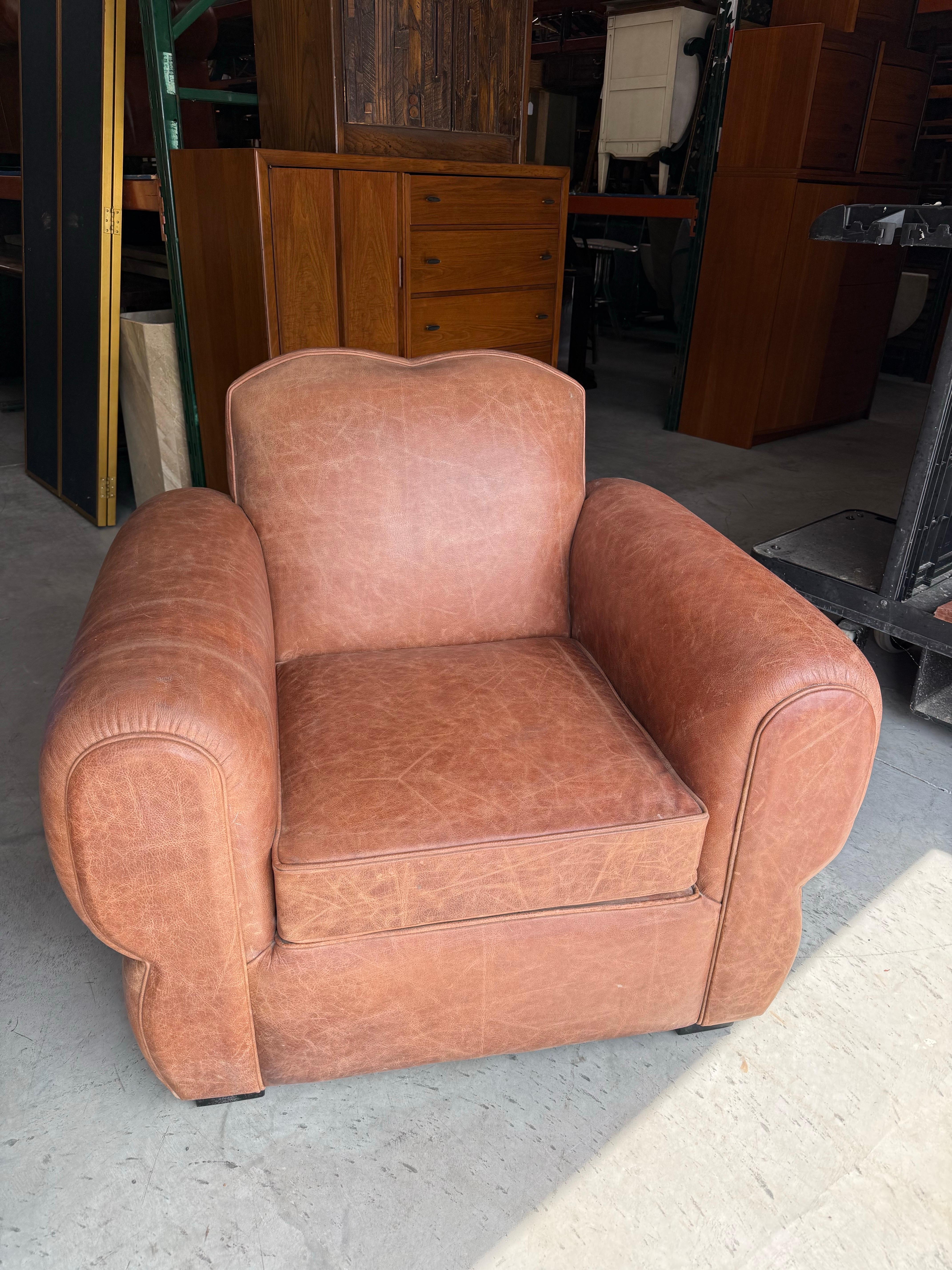 Restored Pair Restored French Art Deco Cigar Mustache Club Chairs 3