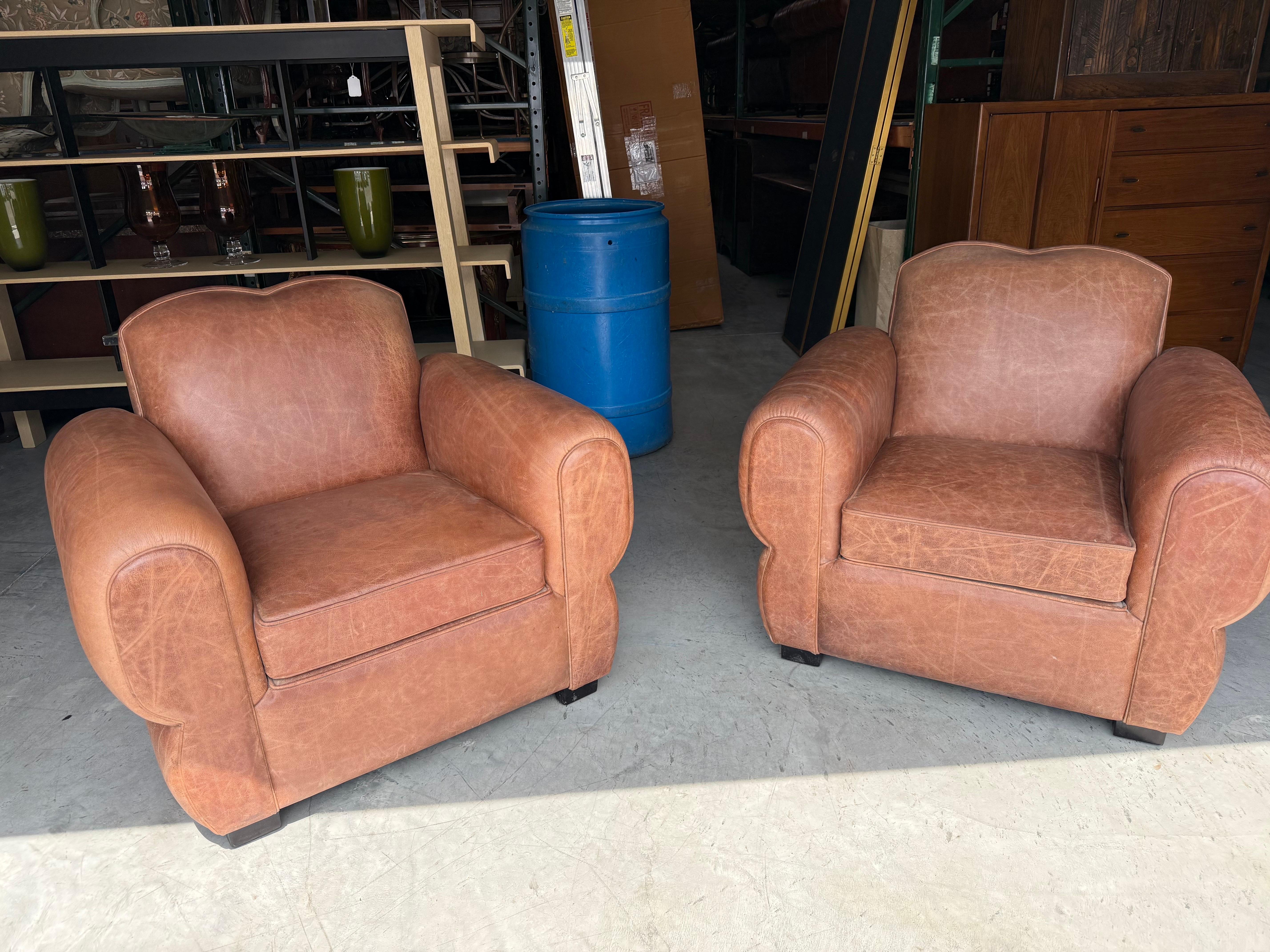 Restored Pair Restored French Art Deco Cigar Mustache Club Chairs 4
